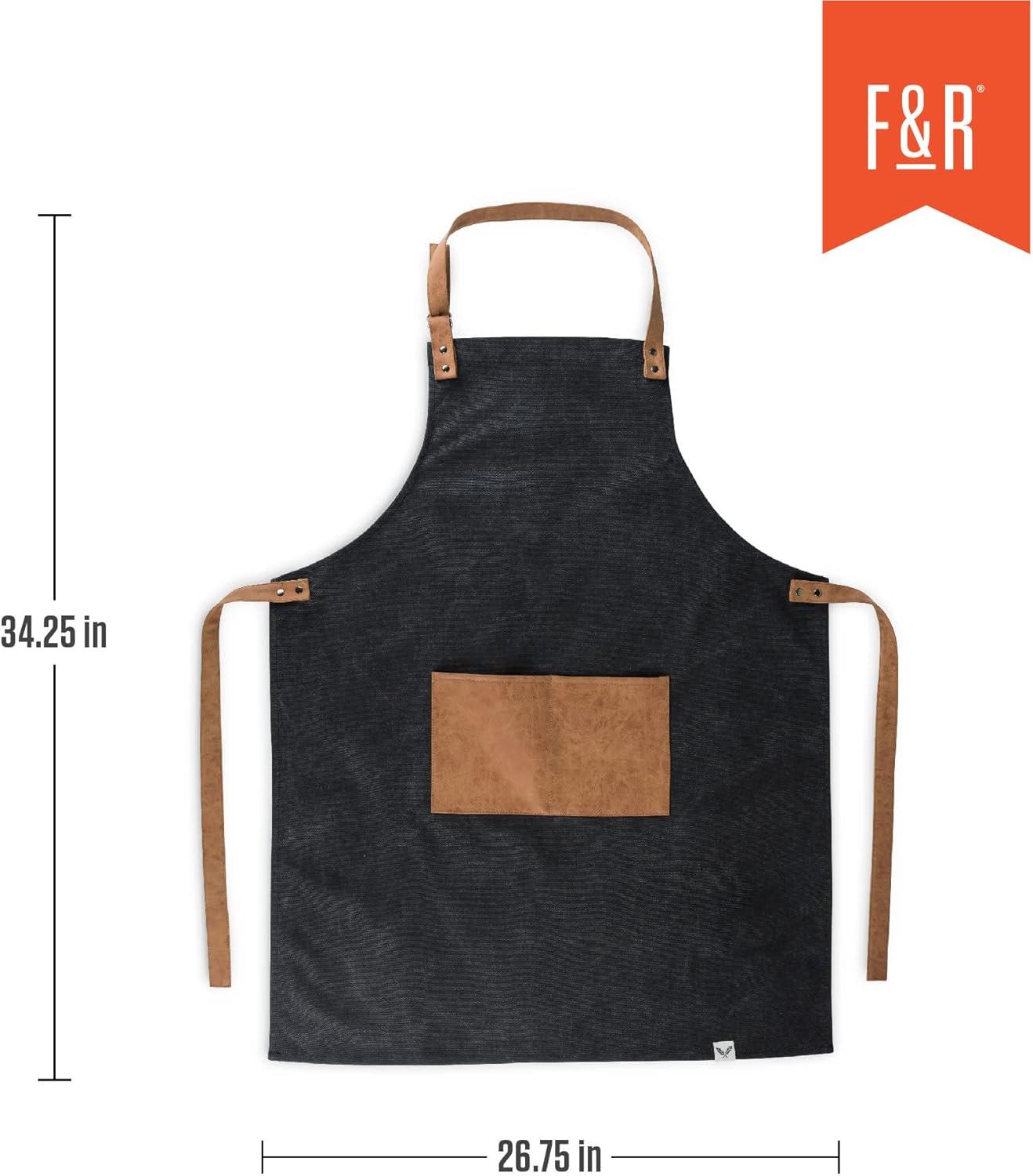 Black Canvas Cooking Apron with Faux Leather Straps and Pocket