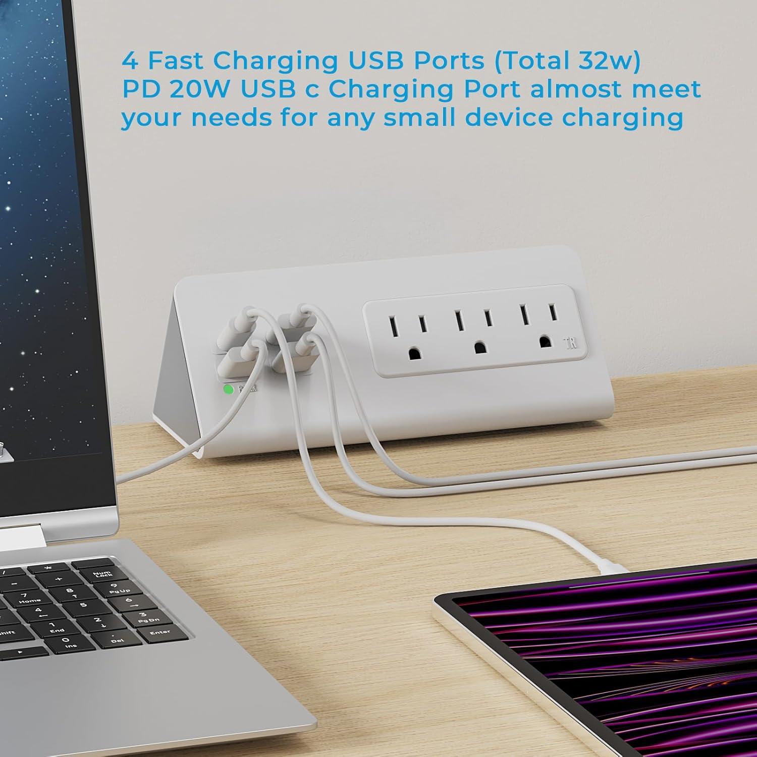 White Heavy Duty Power Strip with USB-C and USB-A Ports