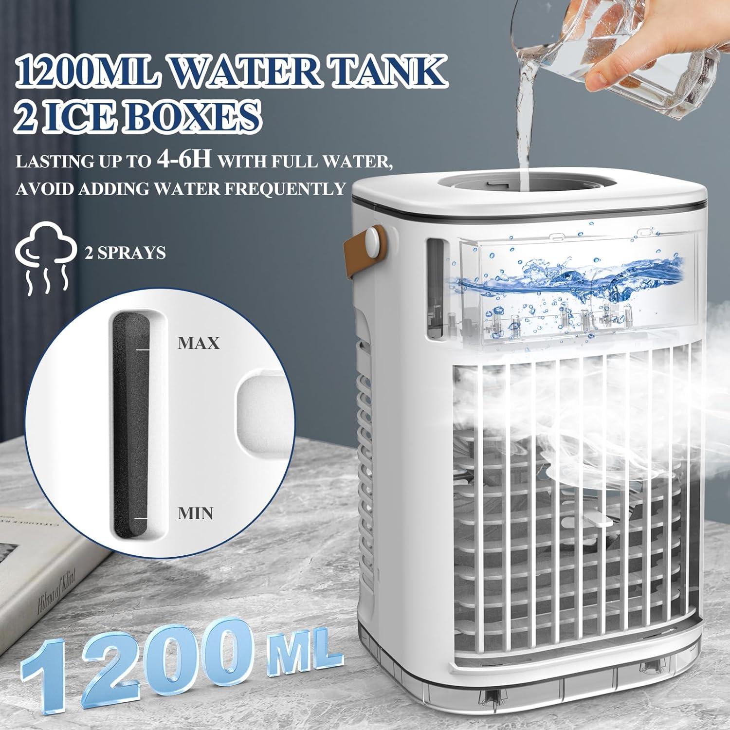 Portable Air Conditioners, 3-1 Mini Evaporative Air Cooler w/Remote, 1.2L Water Tank & 2 Ice Packs, 1-7H Timer, 5400mAh Battery With USB Charging, Personal Fan For Desktop Home Office Outdoors