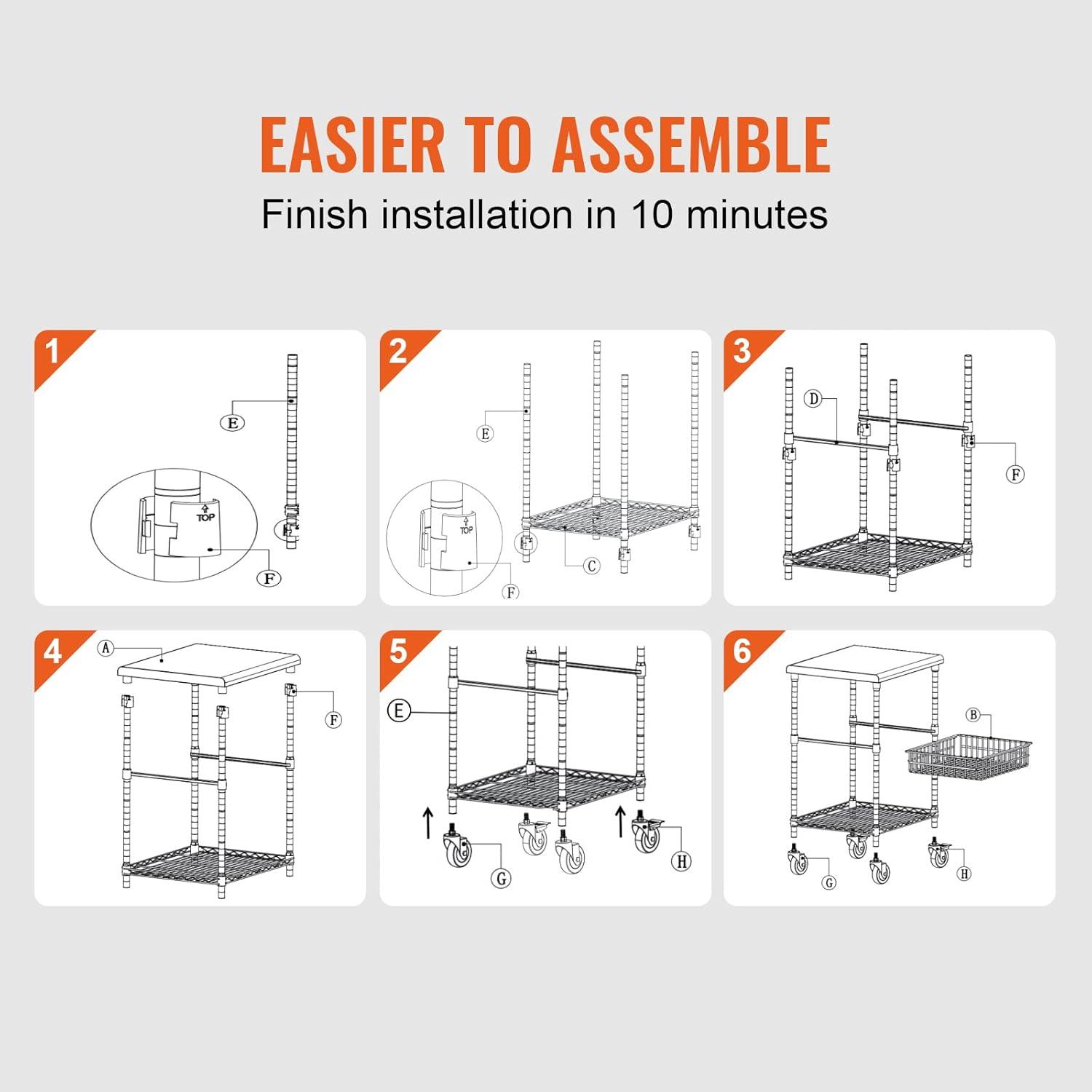 SKYSHALO 3-Tier Utility Cart Rolling Cart on Wheels 470 lbs 24"x20"x36.6" 6 Hooks