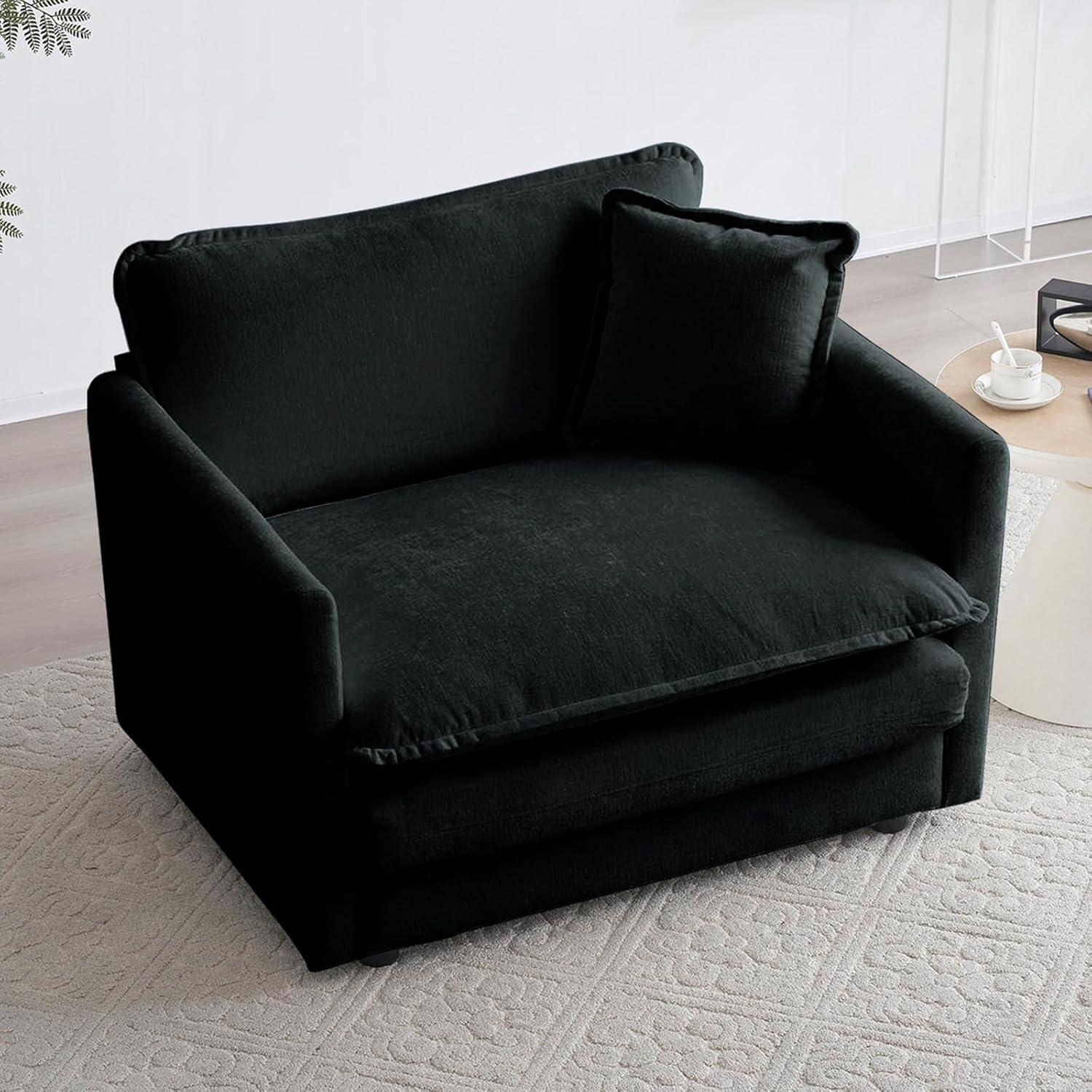 Black Chenille Oversized Modern Upholstered Armchair with Pillow