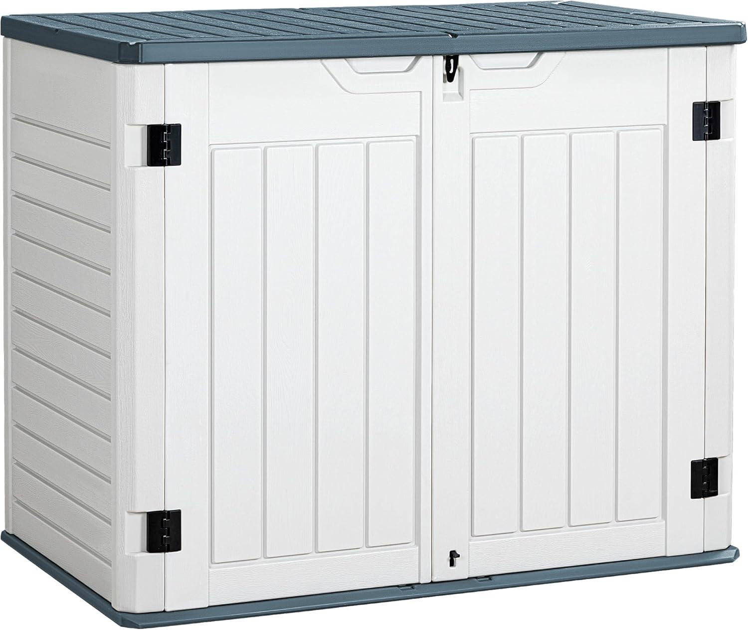 Jummico Horizontal Outdoor Resin Storage Shed 34 Cu. Ft. Garden Storage Extra Large Capacity Weather Resistant Storage Box for Bike, Garbage Cans, Lawnmowe, Garden Accessories