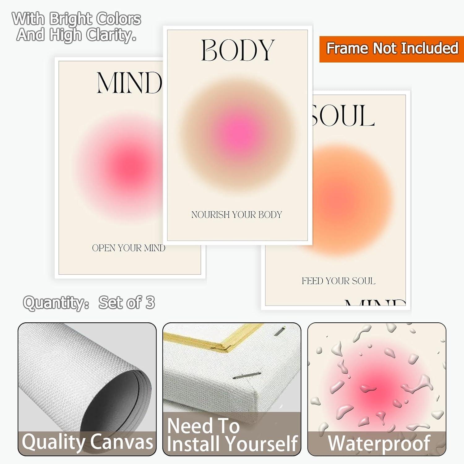 Asdg12s-Positive Aura Posters for Room Aesthetic 3 Piece Colorful Aura Grainy Gradient Canvas Wall Art Spiritual Soul Body Mind Quote Print Painting Danish Pastel Home Wall Decor for Bedroom