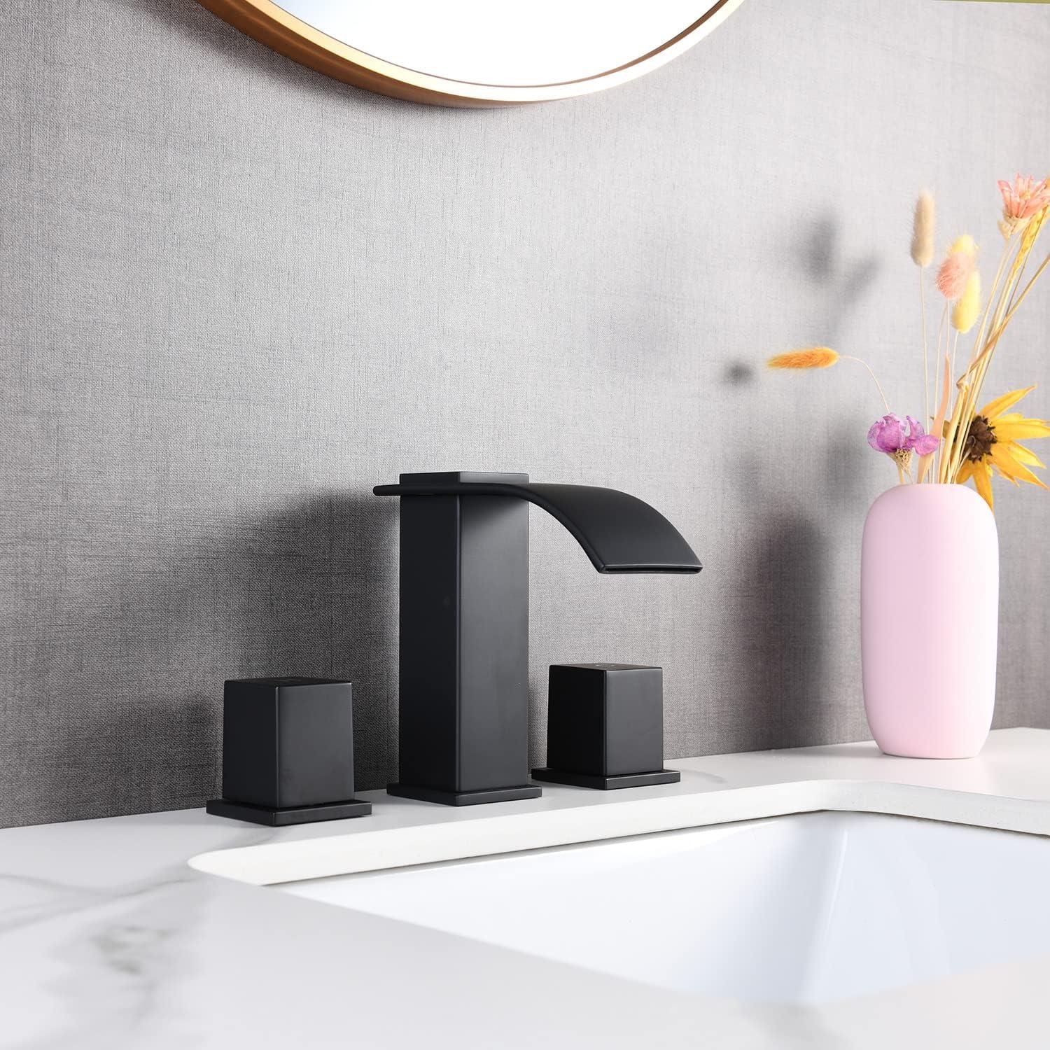 Matte Black Brass Double Handle Waterfall Bathroom Faucet