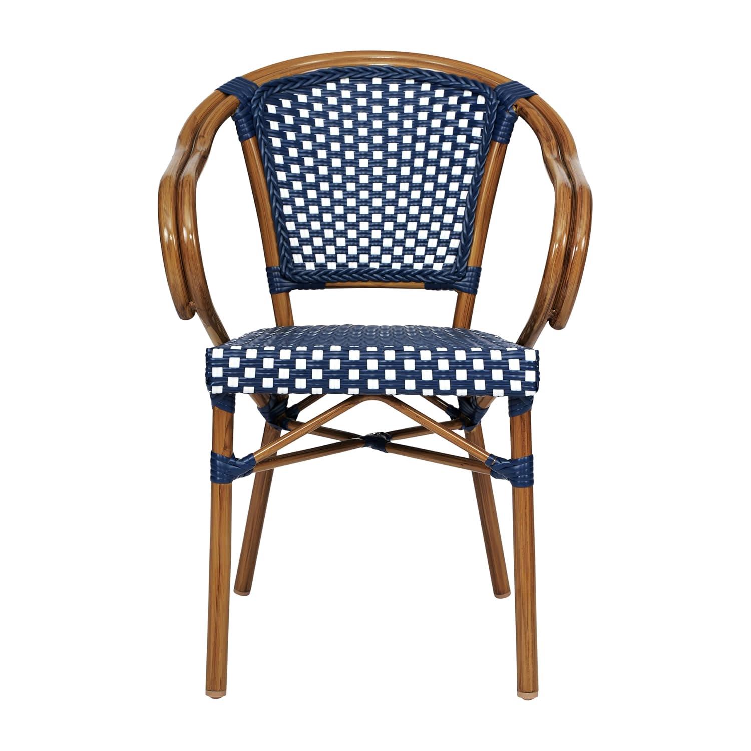 Flash Furniture 4 PK Bordeaux Indoor/Outdoor Commercial Bistro Stacking Chair w/ Arms, Navy & White PE Rattan & Bamboo Print Aluminum Frame in Natural