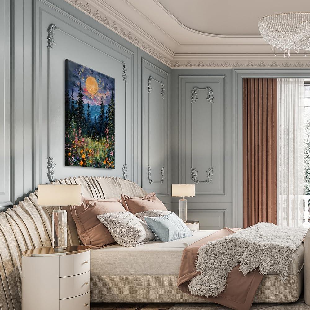 SFAOHPR Mystical Moon and Wildflowers Canvas Wall art Nature Flowers Oil Painting posters for room aesthetic Room Aesthetics Posters for Bedroom living room Home Decor ﻿12x16inch Unframed