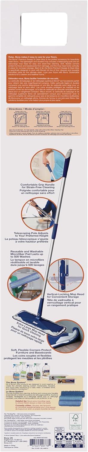 Bona Floor Mop Starter Kit - 2-in-1 Wet + Dry Floor Sweeping + Mopping - 1 Mop, 1 Reusable Sweeping Pad, 1 Reusable Mopping Pad