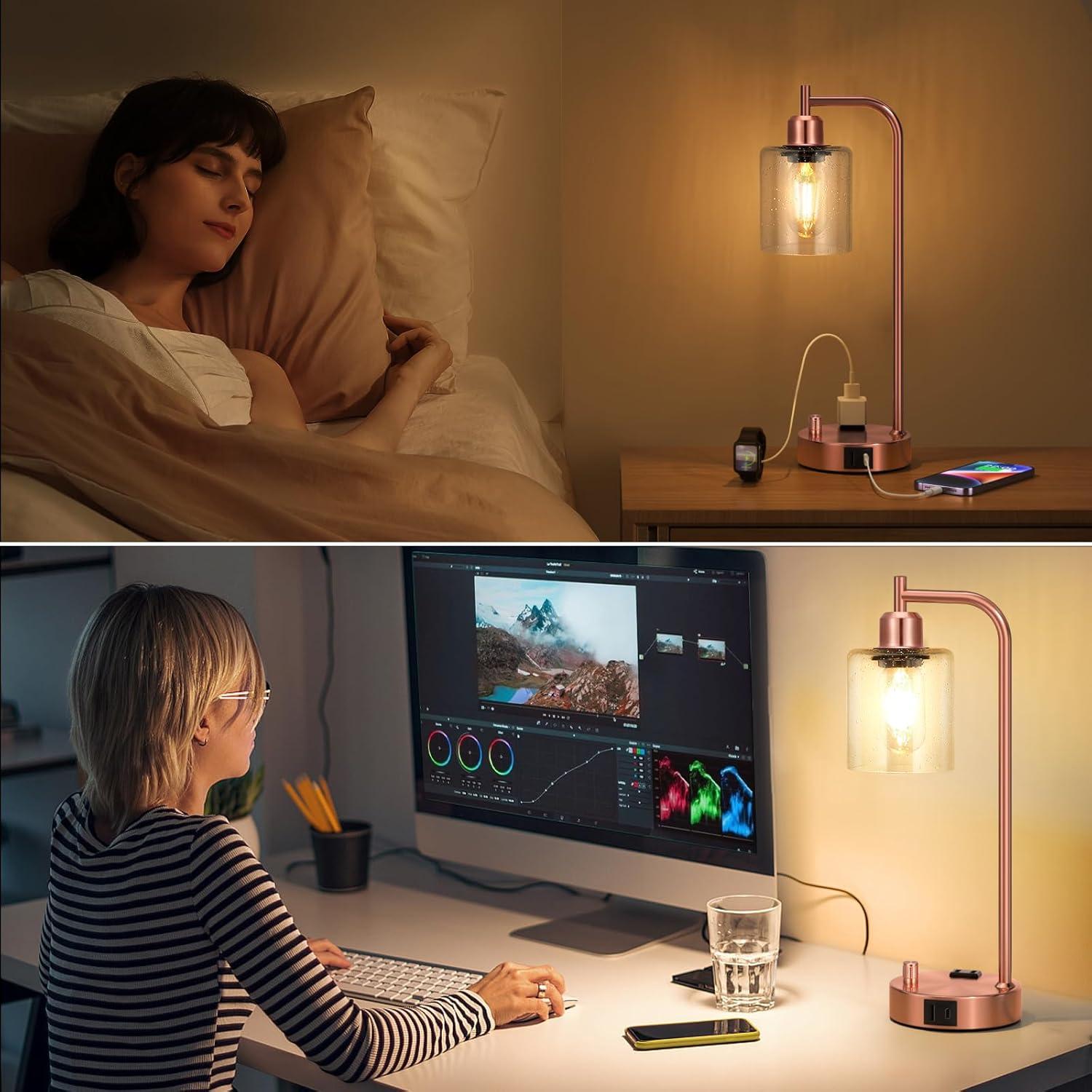 Latitude Run® Industrial Touch Table Lamps for Bedrooms Set of 2 - 3-Way Dimmable Nightstand Lamps with USB C+A Ports and Outlet, Bedside Lamps with Glass Shade for Living Room, Desk Lamps for Home Office