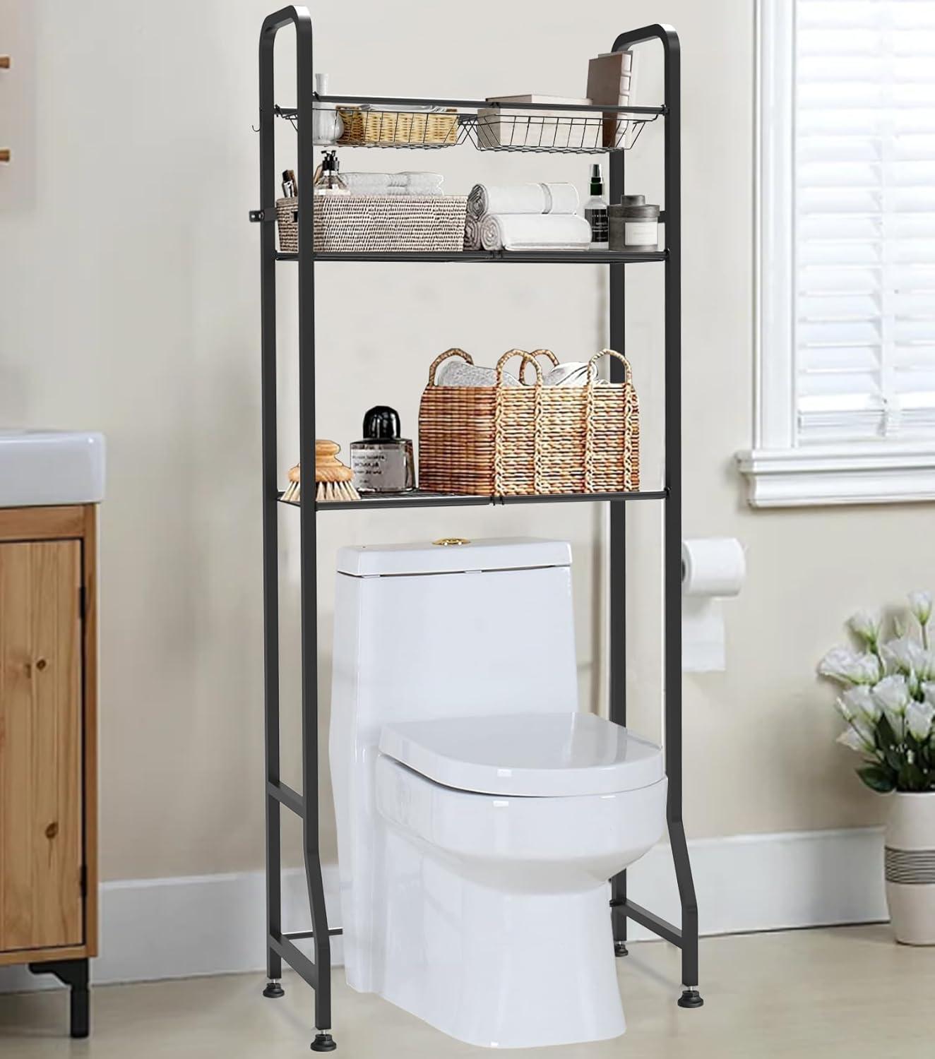 Over The Toilet Storage Shelf For Bathroom, 3-Tier Above Toilet Rack Bathroom Organizer With Adjustable Shelves And Hanging Hooks, Easy To Assemble & Space Saving, White