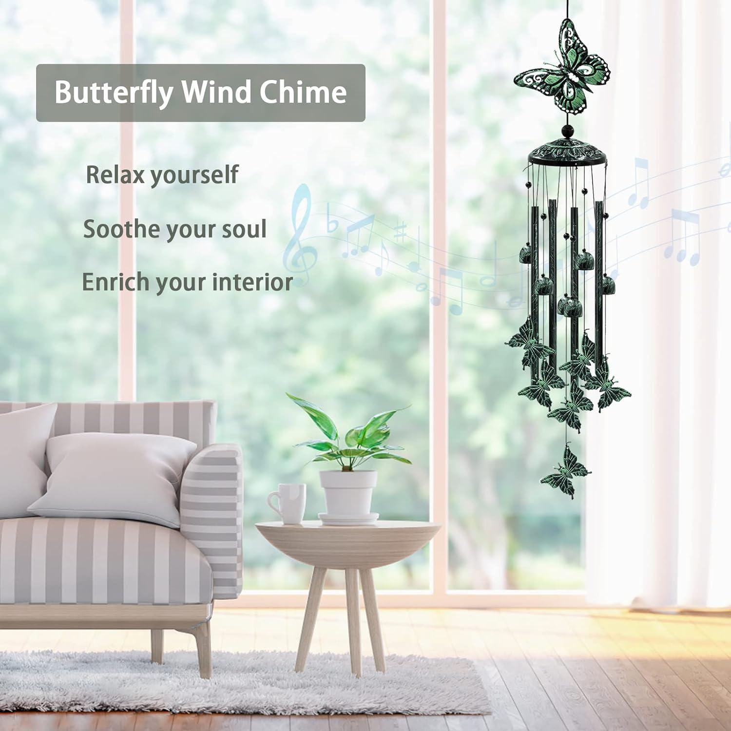 33" Dark Green Aluminum Butterfly Wind Chimes with Bells