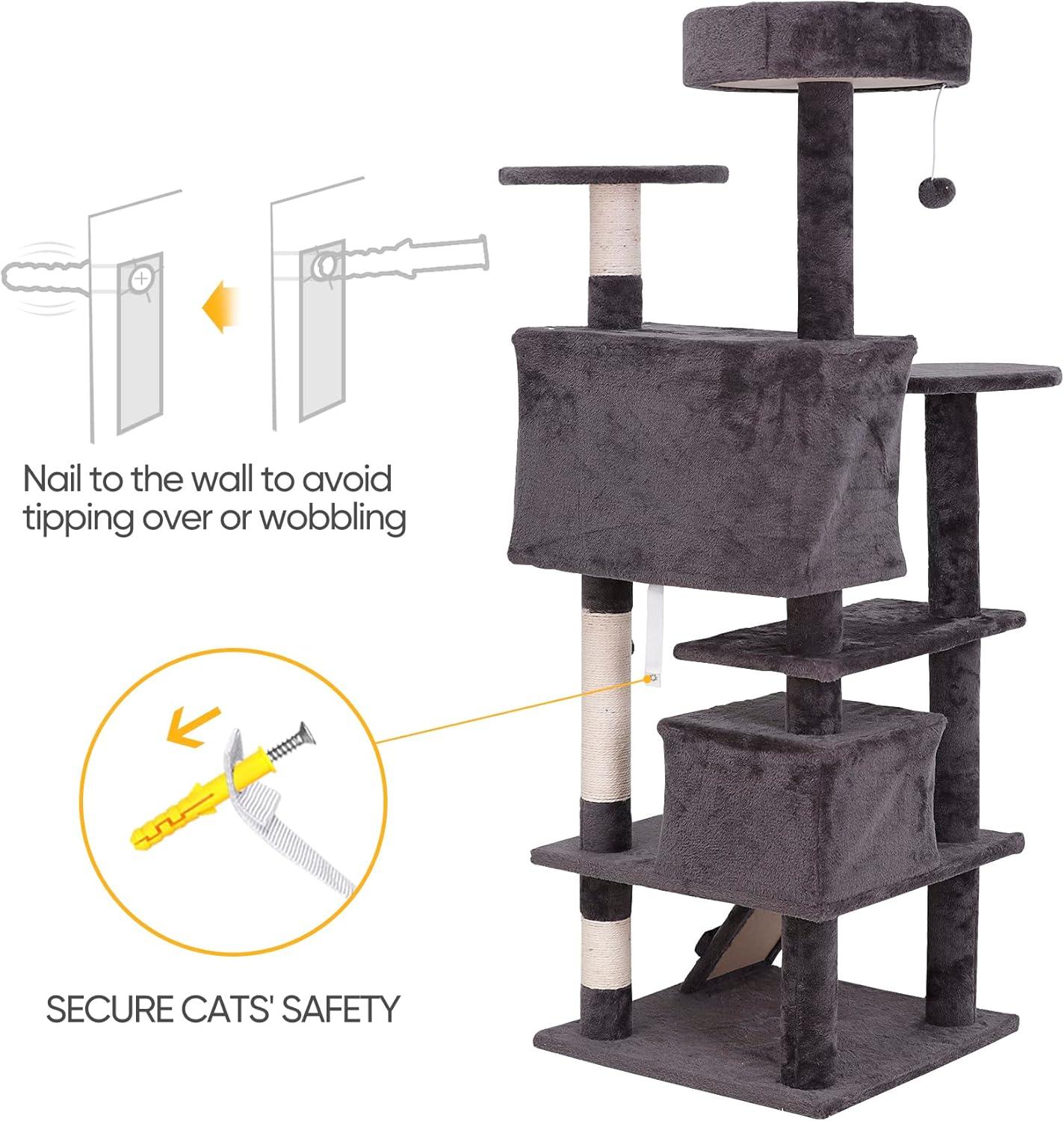 53 Inches Multi-Level Cat Tree Furniture Kitten Activity Play House Bed Pet Kitty Climbing Tower with Scratching Posts/Plush Perch/Scratcher Ladder/Tunnel for Cats,Kittens,Pets (Grey)