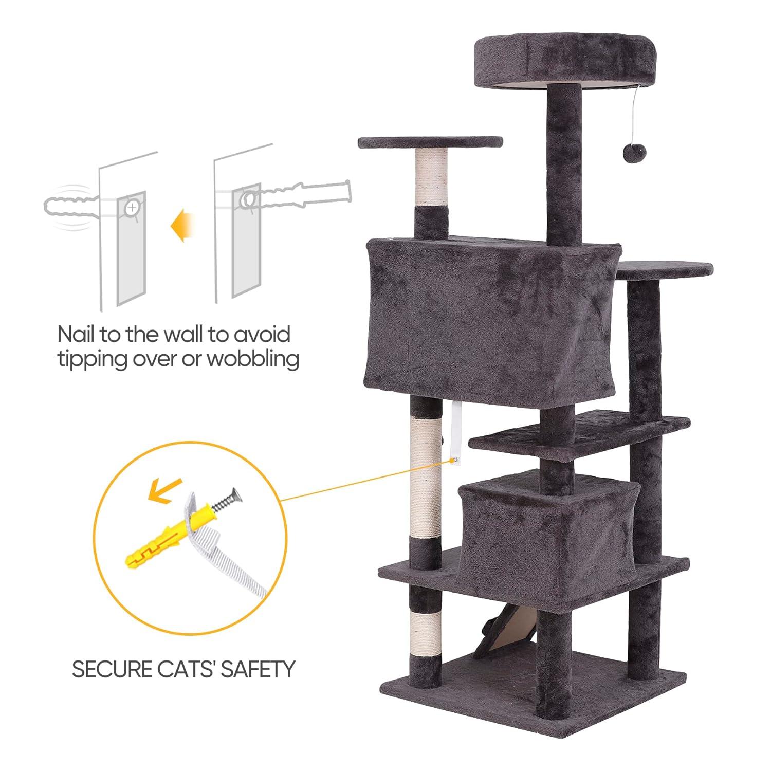 53 Inches Multi-Level Cat Tree Furniture Kitten Activity Play House Bed Pet Kitty Climbing Tower with Scratching Posts/Plush Perch/Scratcher Ladder/Tunnel for Cats,Kittens,Pets (Grey)