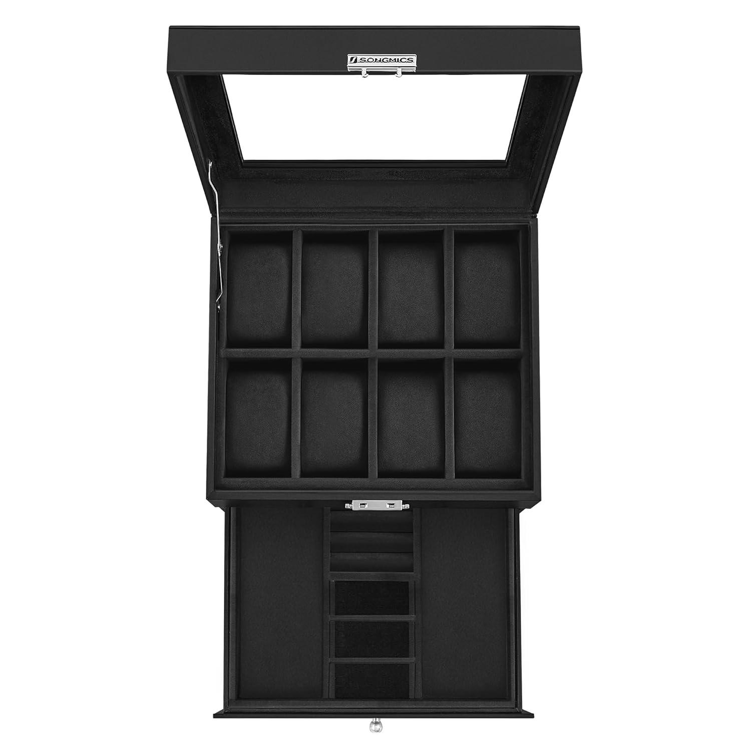 SONGMICS Watch Box, 8-Slot Watch Case Organizer with Large Glass Lid, 2 Layers, Removable Pillows, Metal Lock, Gift for Loved Ones, Black Synthetic Leather, Black Lining UJWB080B01