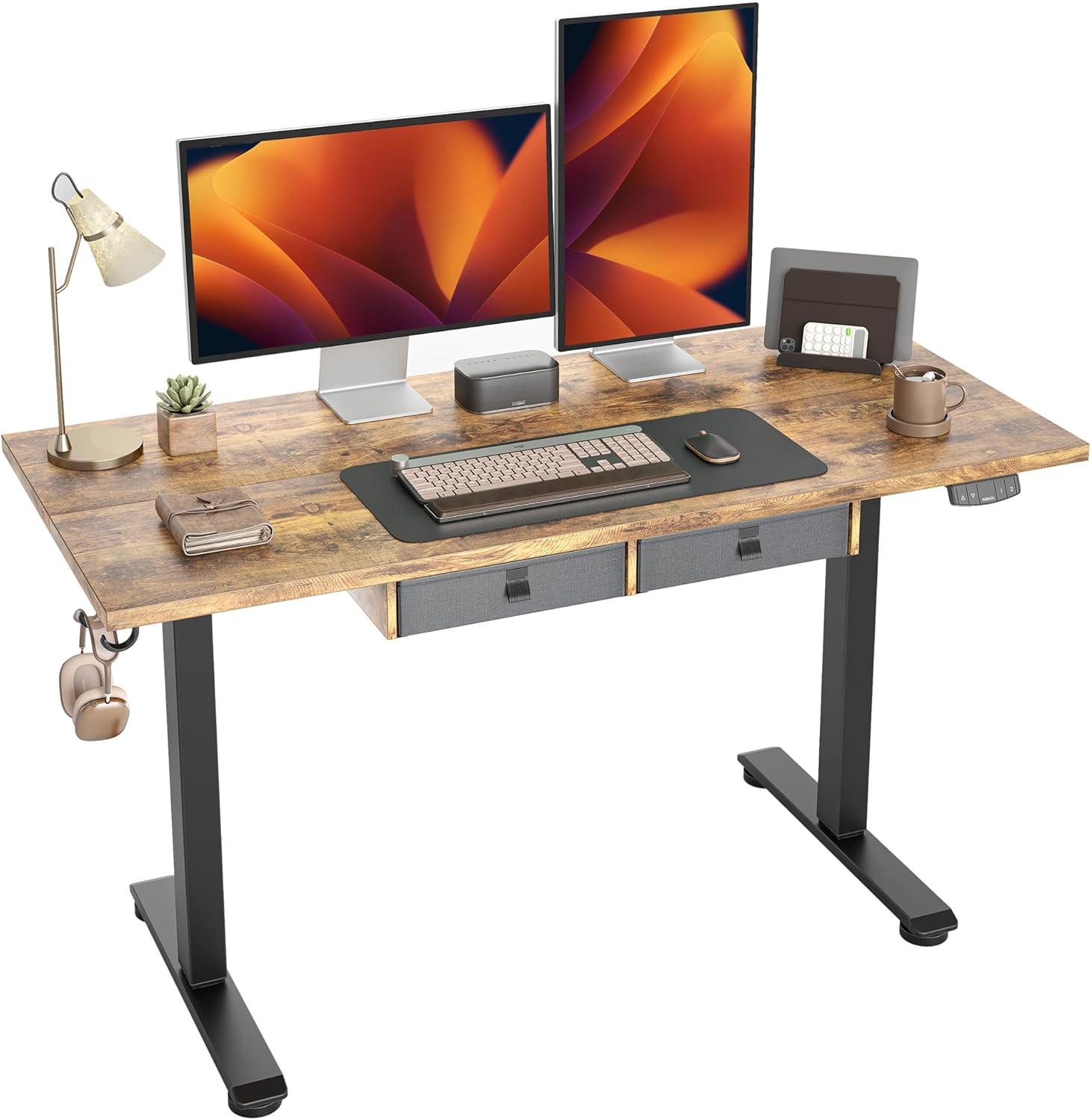 Rustic Brown Adjustable Height Standing Desk with Drawers and Shelf