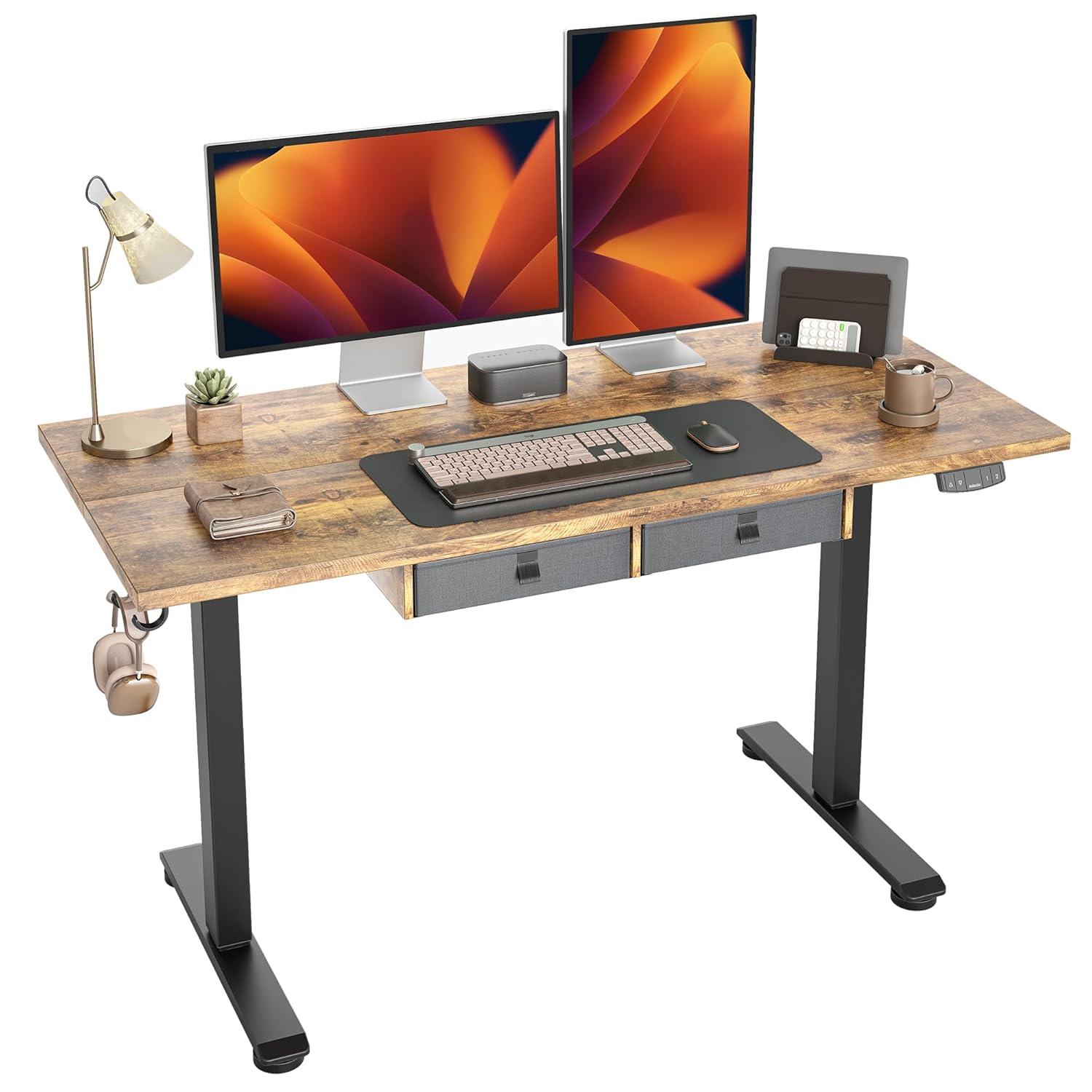 Agilestic Adjustable Height Electric Standing Desk with Storage Wooden Drawer, 55 x 24 Inches Stand Up Home Office Computer Gaming Table for Work Office Home, Rustic Brown