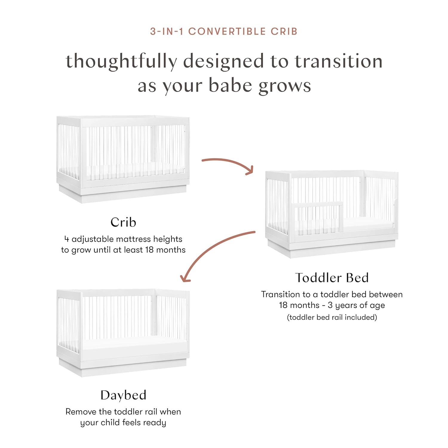 Babyletto Harlow White Acrylic 3-in-1 Convertible Baby Crib with Toddler Bed Conversion Kit