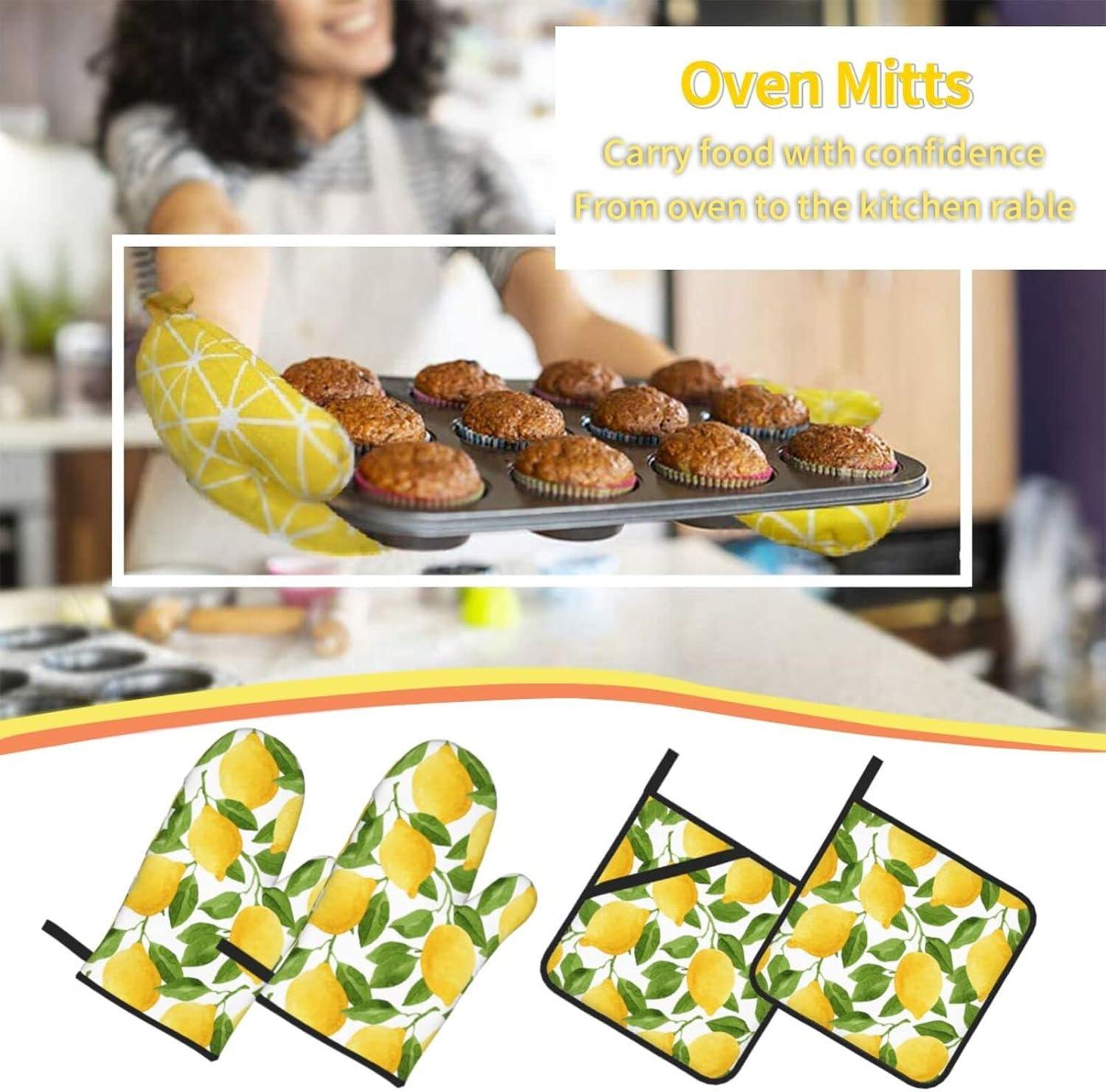 YFYANG Oven Mitts and Pot Holders Sets 4 Pieces, Non-Slip Heat Resistant Fruit Lemon Art Pattern Kitchen Glove Pot Mat for Cooking and Baking