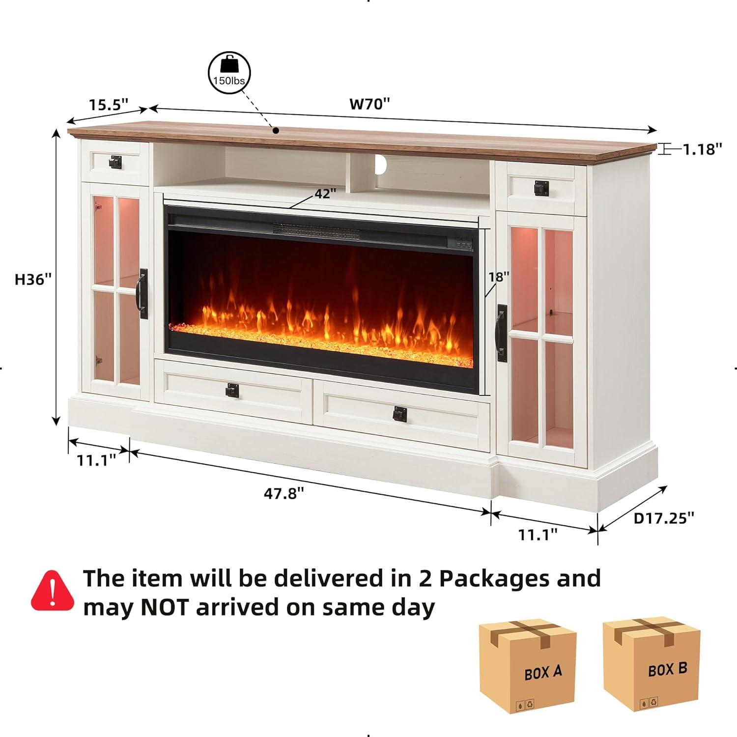 OKD Fireplace TV Stand for TVs up to 80",Farmhouse Entertainment Center with 42" Fireplace & LED Lights, White