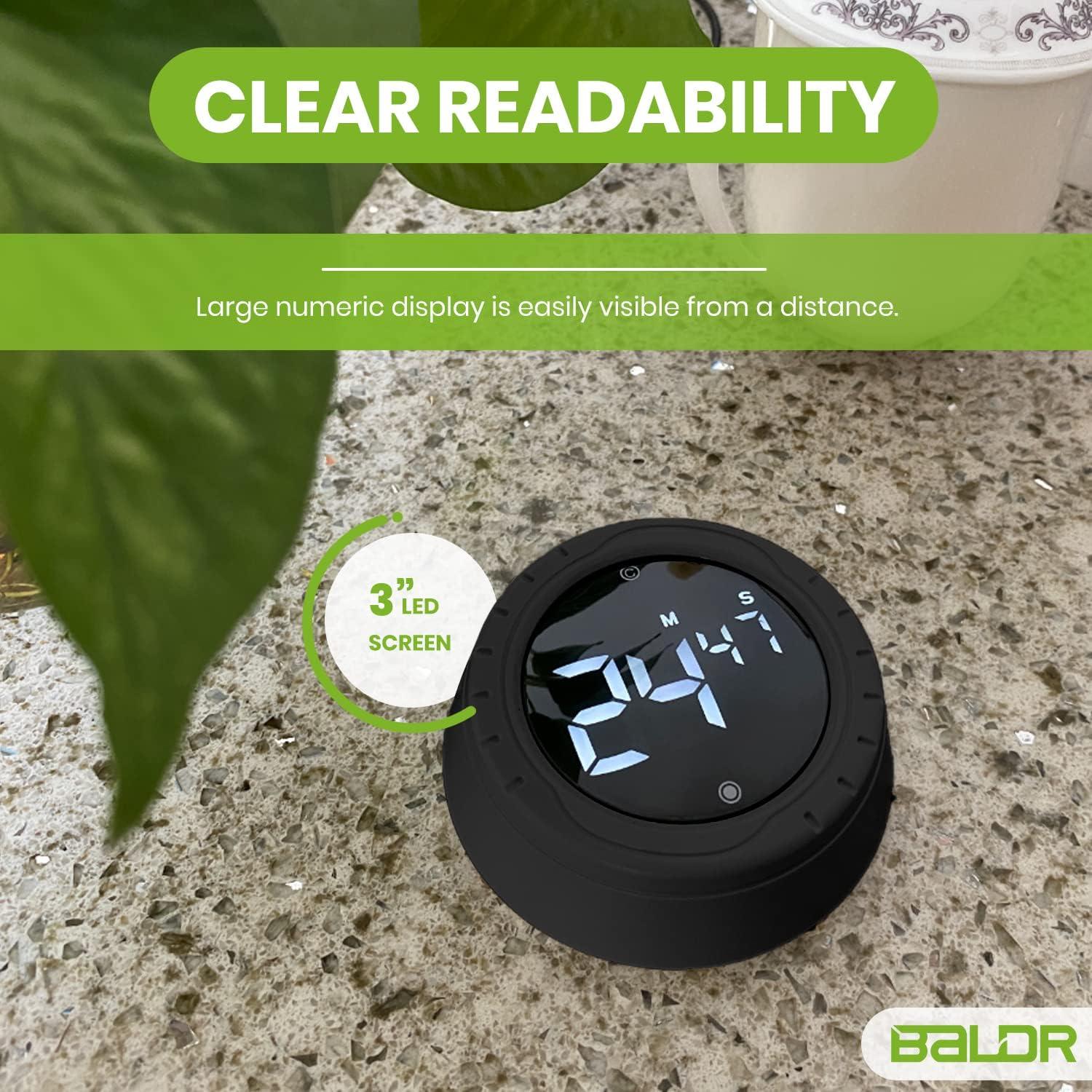 Baldr Kitchen Timer - Smart Countdown/Count Up Digital Timer with Rotating Desk Display, Quiet & Beeping Alerts, Strong Magnetic Backing - for Kitchen & Classroom (Black)