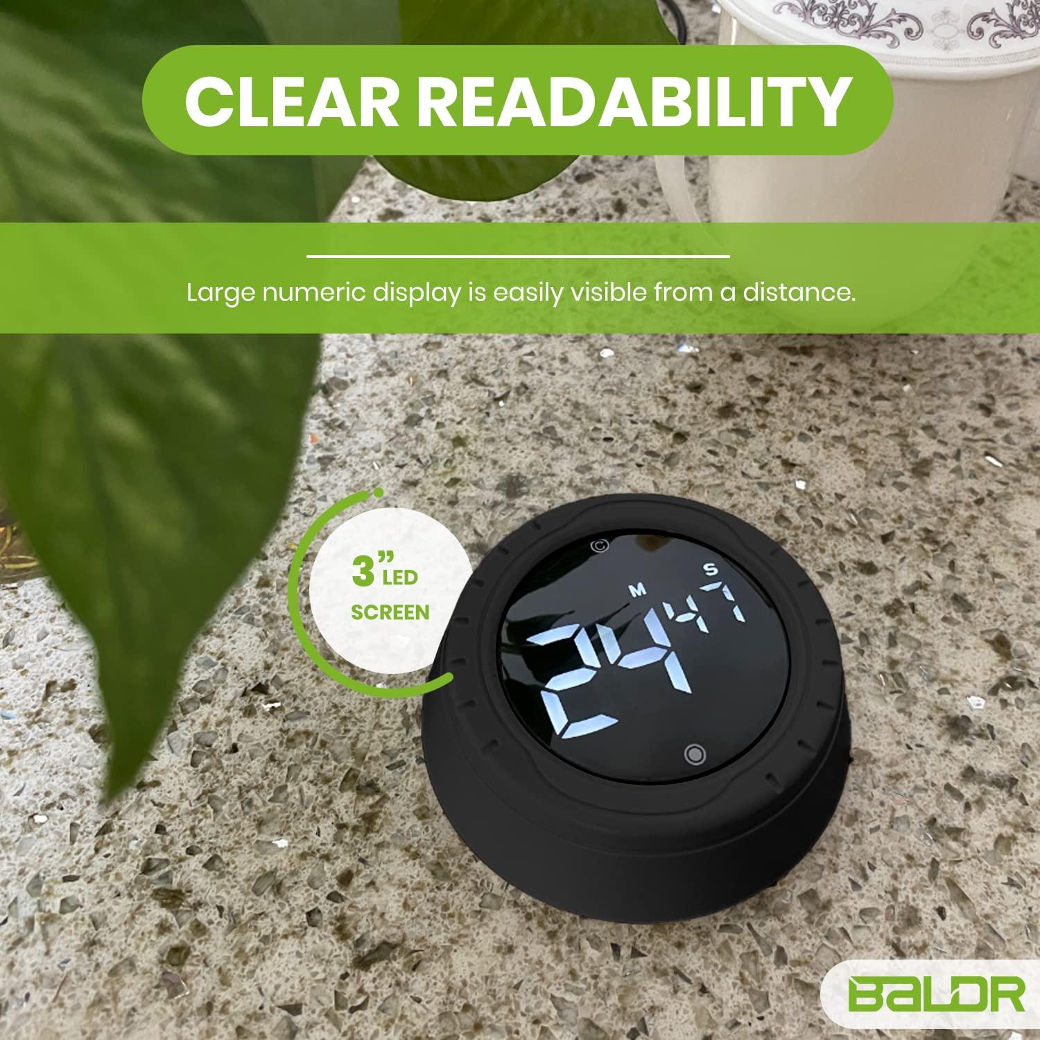 Baldr Kitchen Timer - Smart Countdown/Count Up Digital Timer with Rotating Desk Display, Quiet & Beeping Alerts, Strong Magnetic Backing - for Kitchen & Classroom (Black)