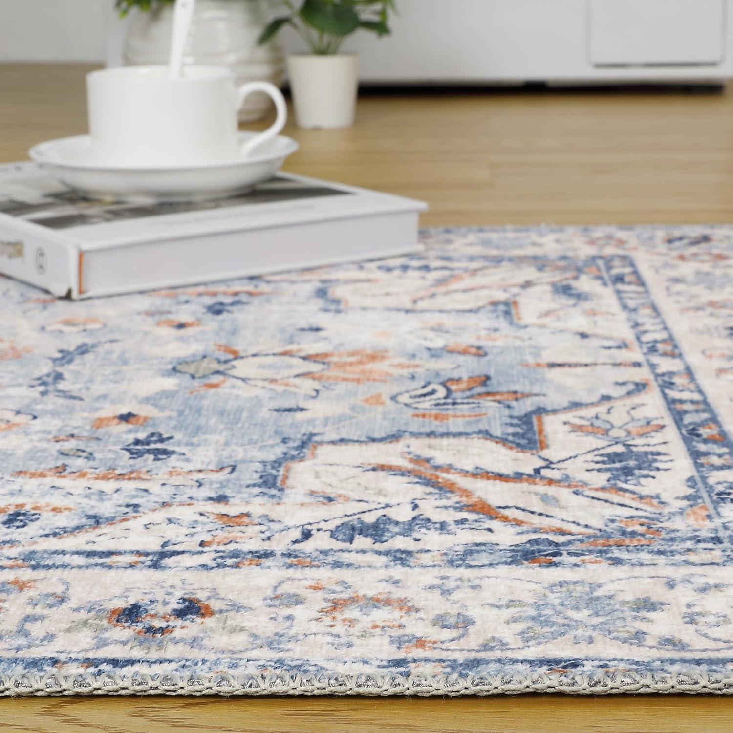 9x12 Area Rug Vintage Medallion Distressed Rug Machine Washable Area Rugs for Living Room Non-Slip Stain Resistant Accent Rug, Blue