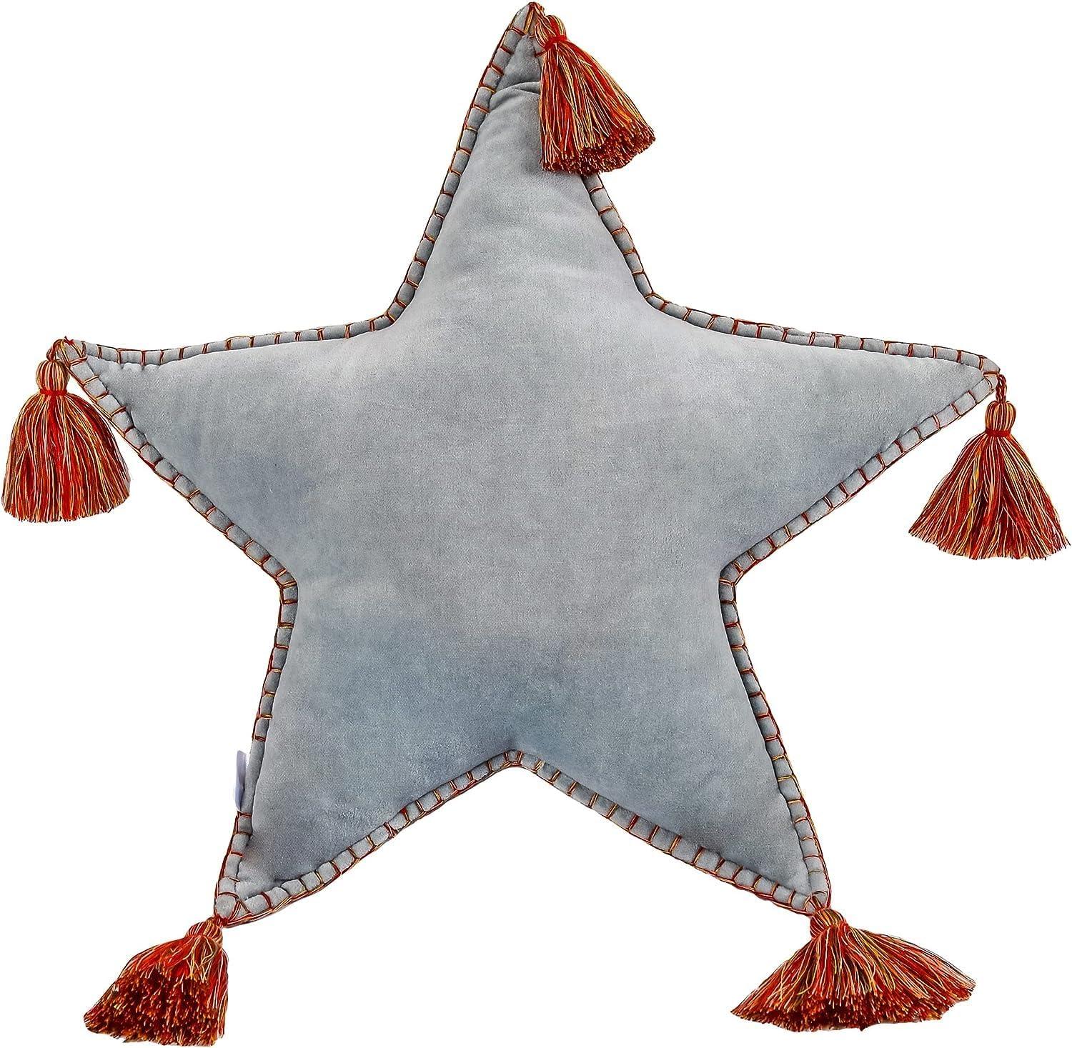 Light Blue Star Shaped Pillow with Red Tassels