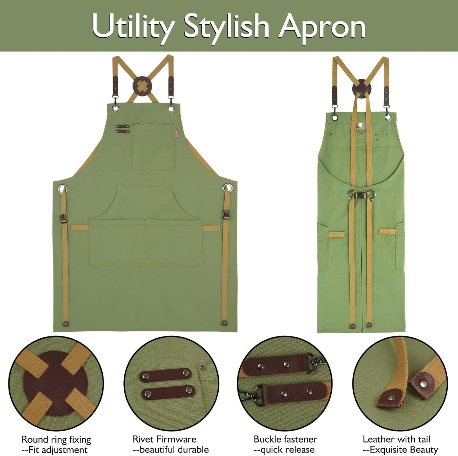 Work Apron for Chef, Barista, Horticulturist, Artist, Multiple Pockets, Adjustable, PlusSize, Olive