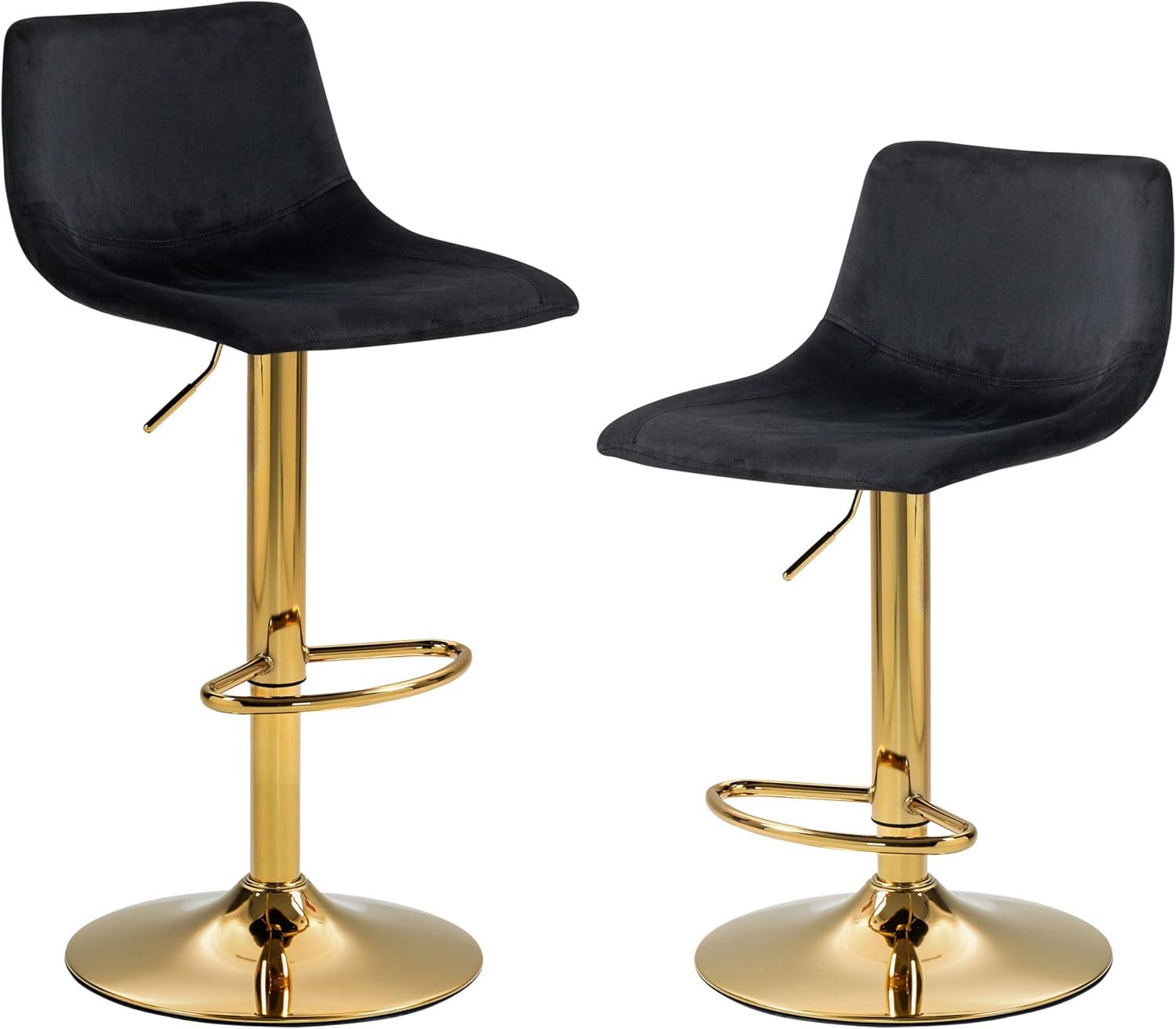 Black Velvet Adjustable Swivel Bar Stools with Gold Footrest, Set of 2