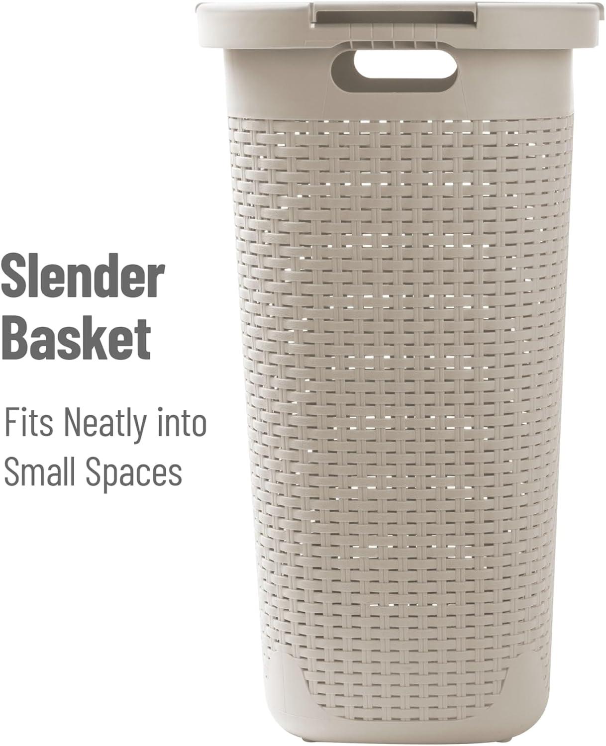 Mind Reader 60L Slim Laundry Hamper, Clothes Basket, Lid, Wicker Style, Plastic, 17.65"L x 13.75"W x 24.15"H, Set of 2, Ivory