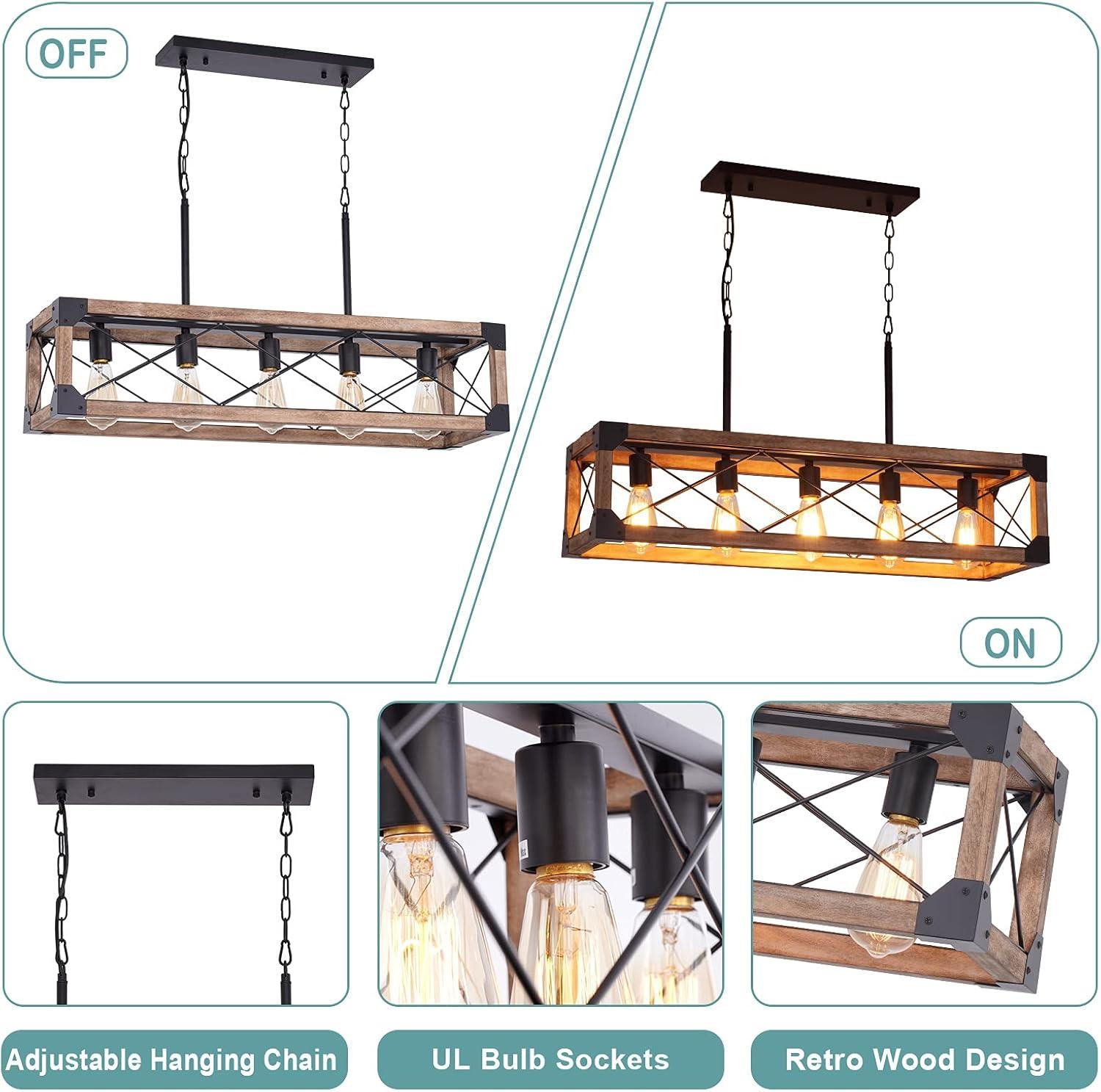 Bribyit Kitchen Island Lighting, 33.5-Inch 5 Lights Farmhouse Linear Chandelier for Dining Room Pool Table Pendant Light Fixture, Rustic Wood Grain Finish, Industrial Pendant Light