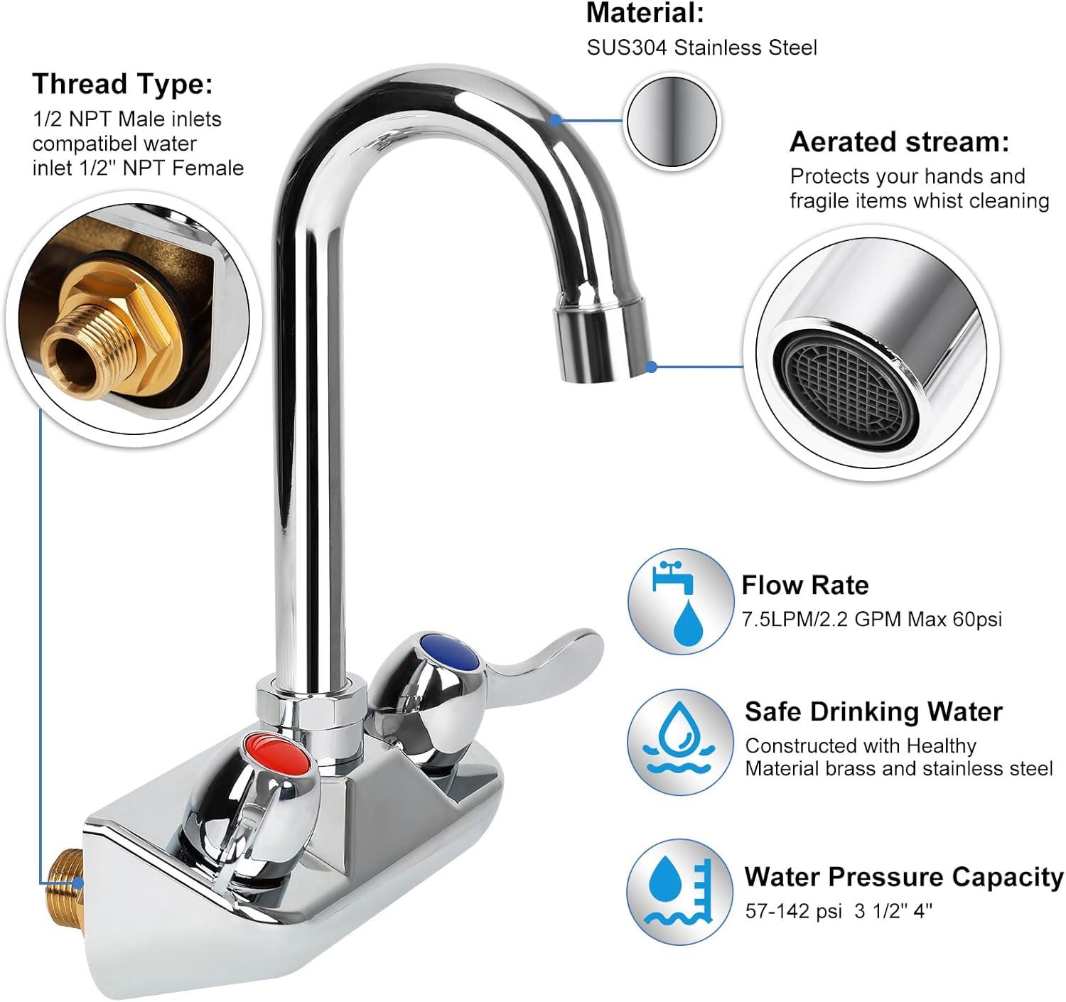 KWODE 4 Inch Center Commercial Hand Sink Faucet with 3-1/2”Gooseneck Spout, Dual Lever Handle Wall Mount Kitchen Sink Faucet, Brass Constructed, Chrome