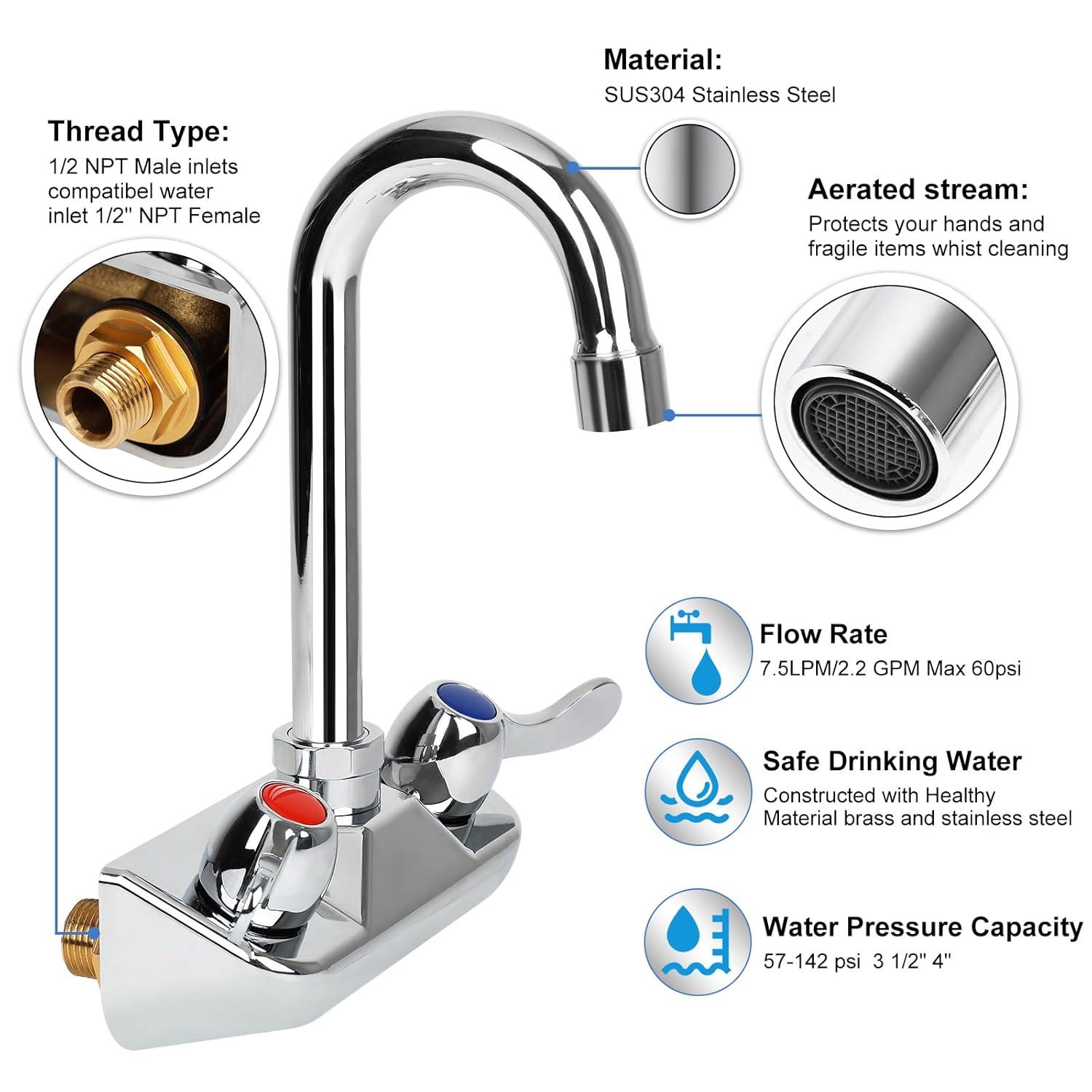 KWODE 4 Inch Center Commercial Hand Sink Faucet with 3-1/2”Gooseneck Spout, Dual Lever Handle Wall Mount Kitchen Sink Faucet, Brass Constructed, Chrome