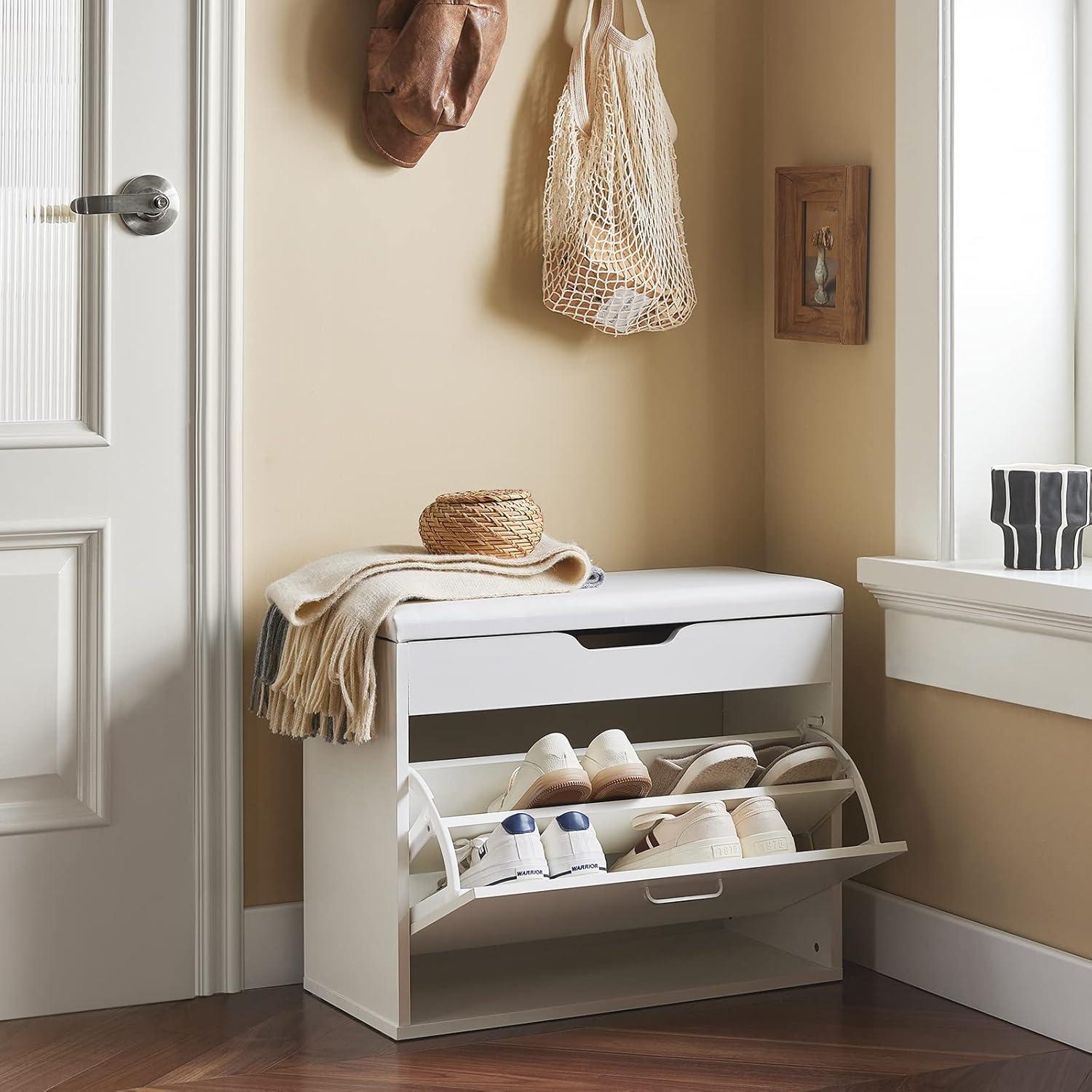 SoBuy Small Shoe Bench, Narrow Shoe Cabinet with Folding Padded Seat, Small Space Shoe Rack, White, FSR95-W