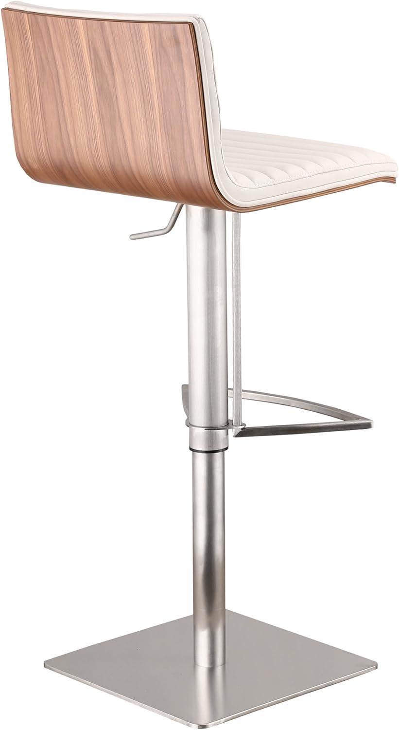 Armen Living Indoor Café Adjustable Height Swivel White Faux Leather and Walnut Bar Stool with Brushed Stainless Steel Base