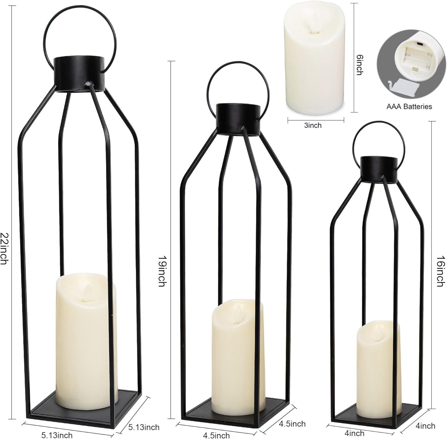 Black Metal Tabletop and Hanging Candle Lantern Set with LED Candles