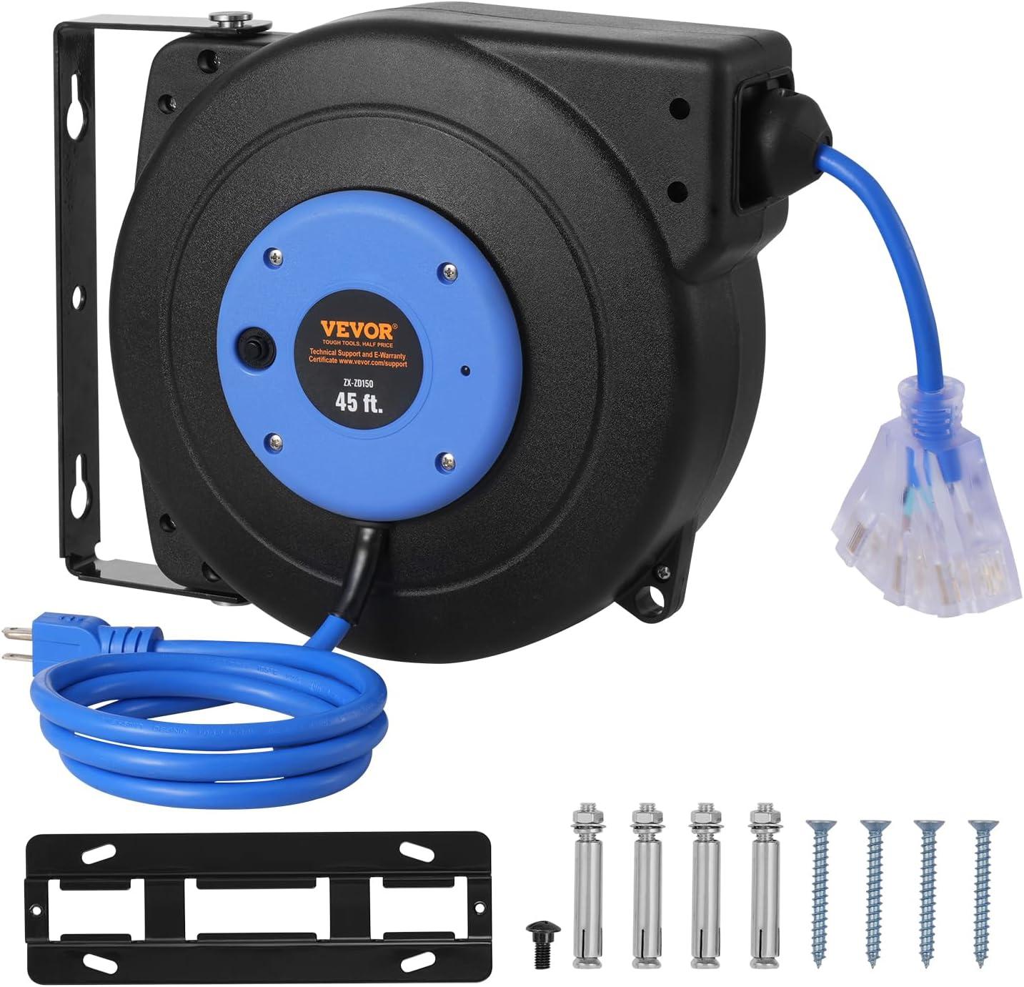 Heavy Duty Blue and Black Retractable Extension Cord Reel 45FT