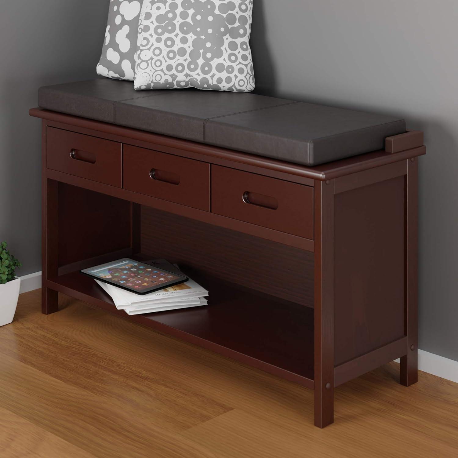 Adriana Entryway Storage Bench with Cushion Walnut - Winsome: Solid Wood, 3 Drawers, Faux Leather