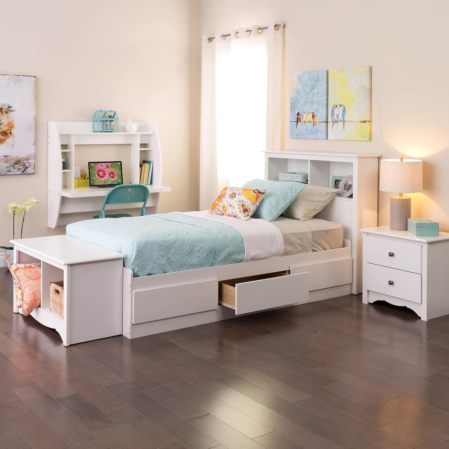 White Twin Wood Frame Platform Storage Bed with Drawers