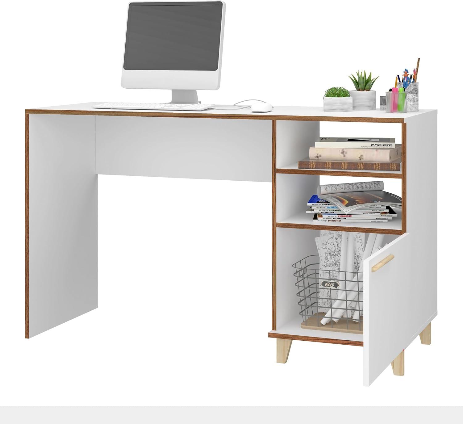 Manhattan Comfort Minetta 2 Shelf Mid Century Office Desk White: Modern Matte Finish, Enclosed Cabinet Storage