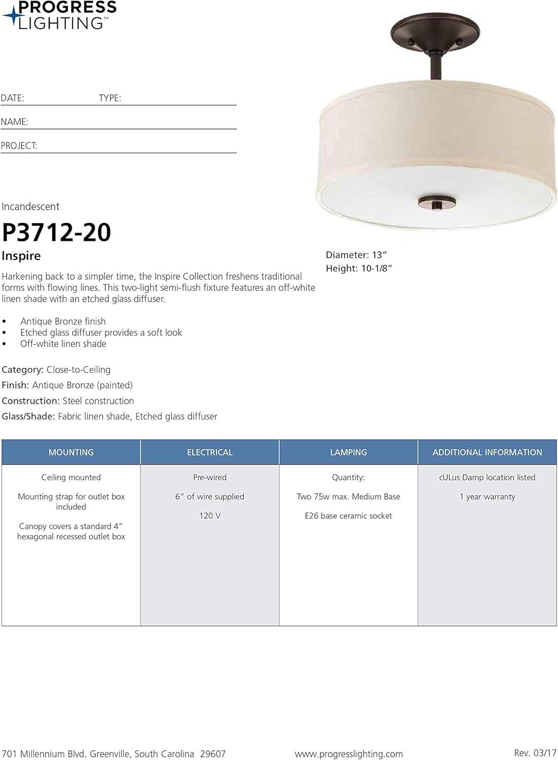 Progress Lighting, Inspire Collection, 2-Light Semi-Flush Mount, Antique Bronze, Etched Glass with Linen Shade