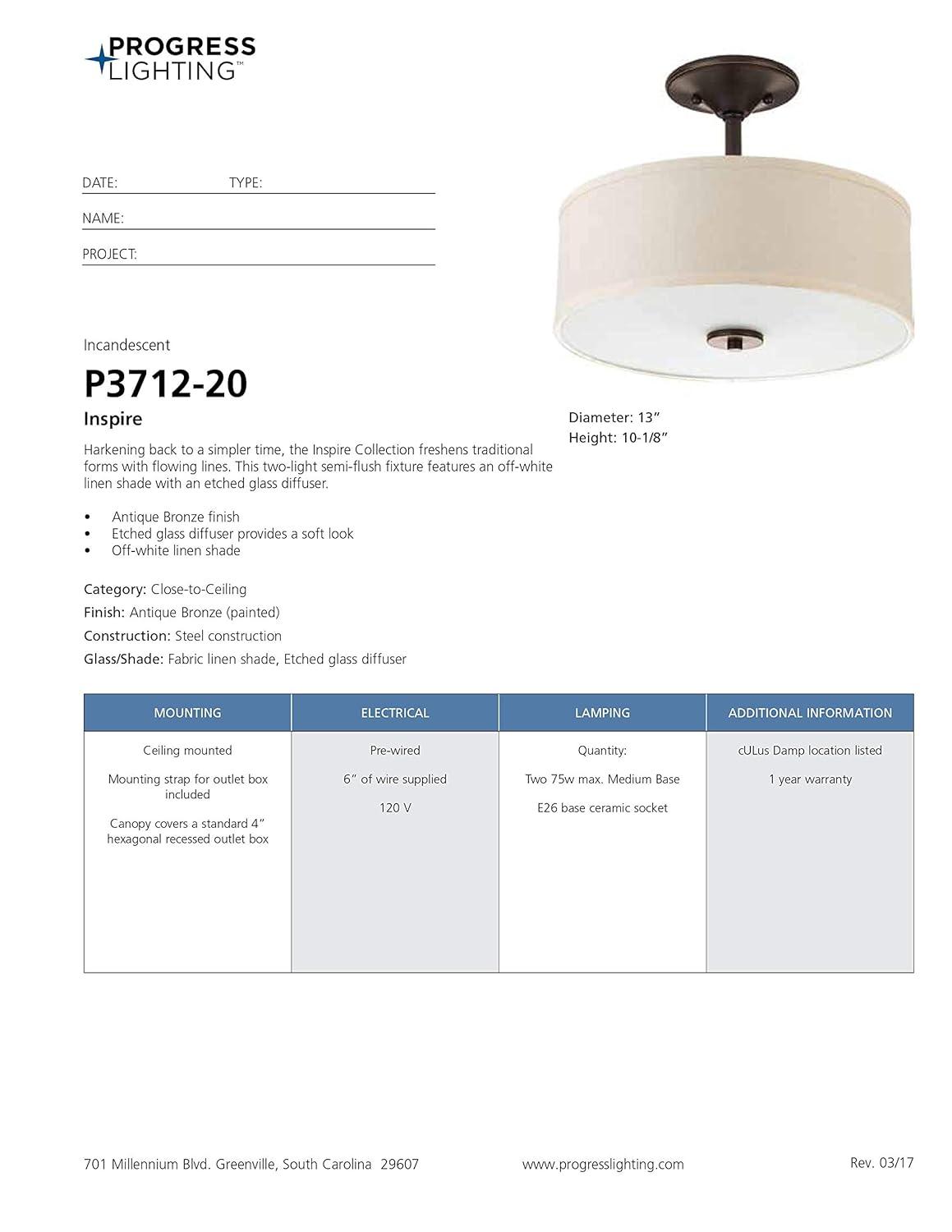 Progress Lighting, Inspire Collection, 2-Light Semi-Flush Mount, Antique Bronze, Etched Glass with Linen Shade