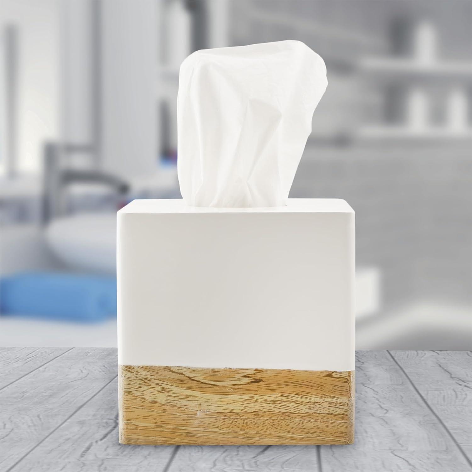 AuldHome Design Tissue Box Cover (Enamel/Mango Wood); Minimalist Scandinavian Decor White Tissue Holder