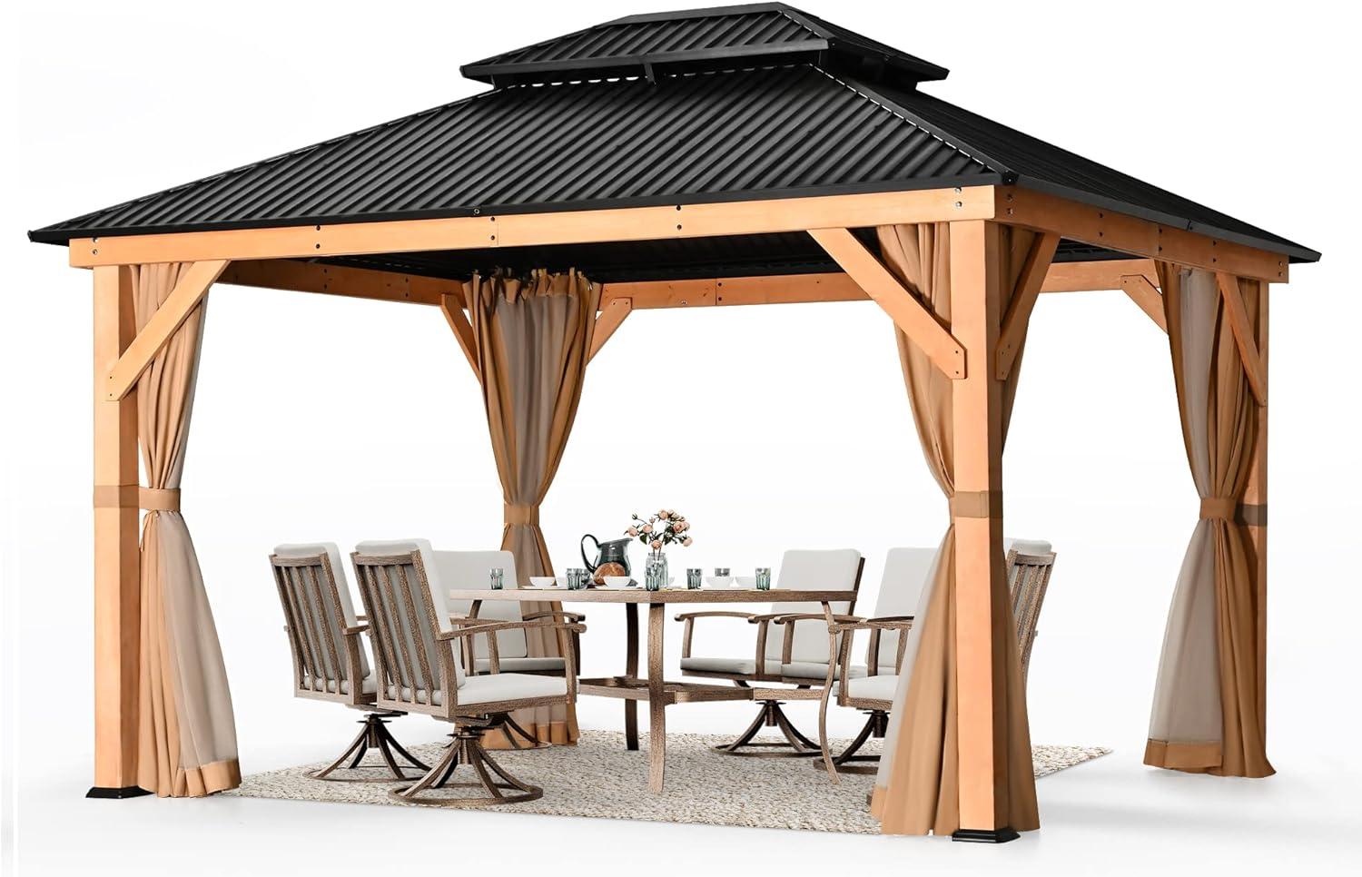 11' x 13' Black Metal Roof Wood Patio Gazebo