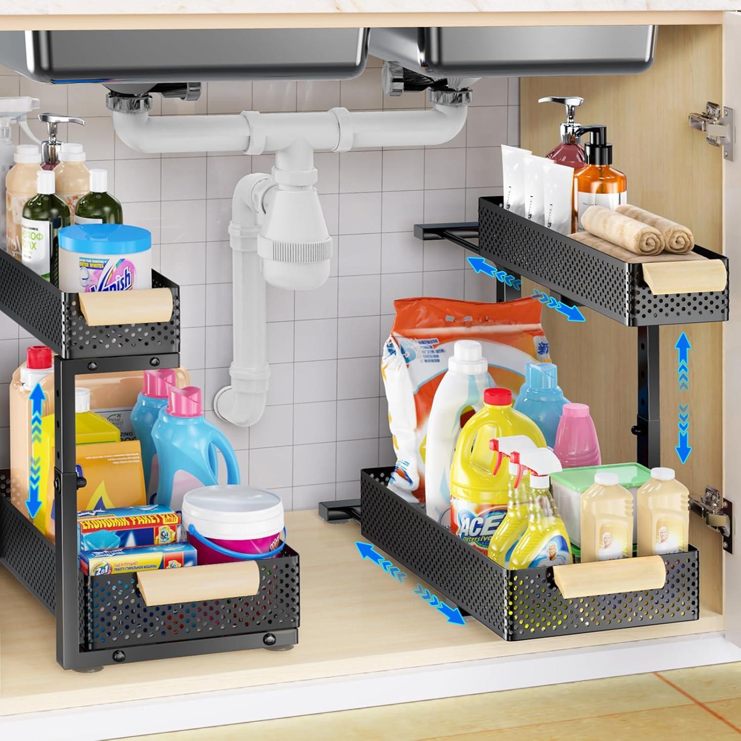 Under Sink Organizers and Storage, 2 Pack Pull Out Kitchen Bathroom Cabinet Organizer, 2 Tier Black Under Sink Storage for Bathroom Kitchen, Under Counter Storage Organizer with 8 Hooks