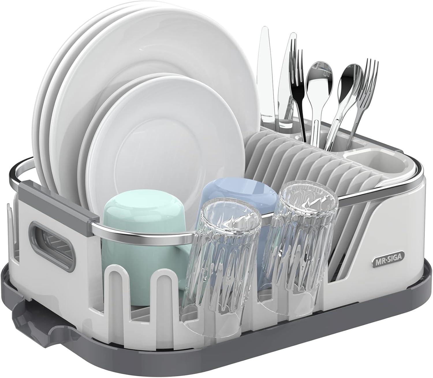 Compact White Plastic Dish Drying Rack with Utensil Holder