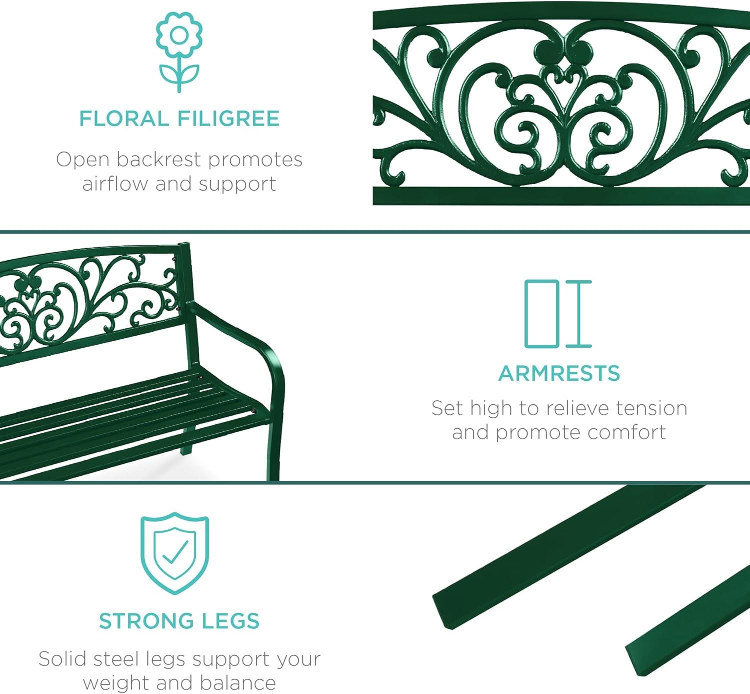 World Menagerie Outdoor Steel Bench with Floral Backrest & Slatted Seat, Marigold for Garden, Patio, Porch, Lawn, and Deck