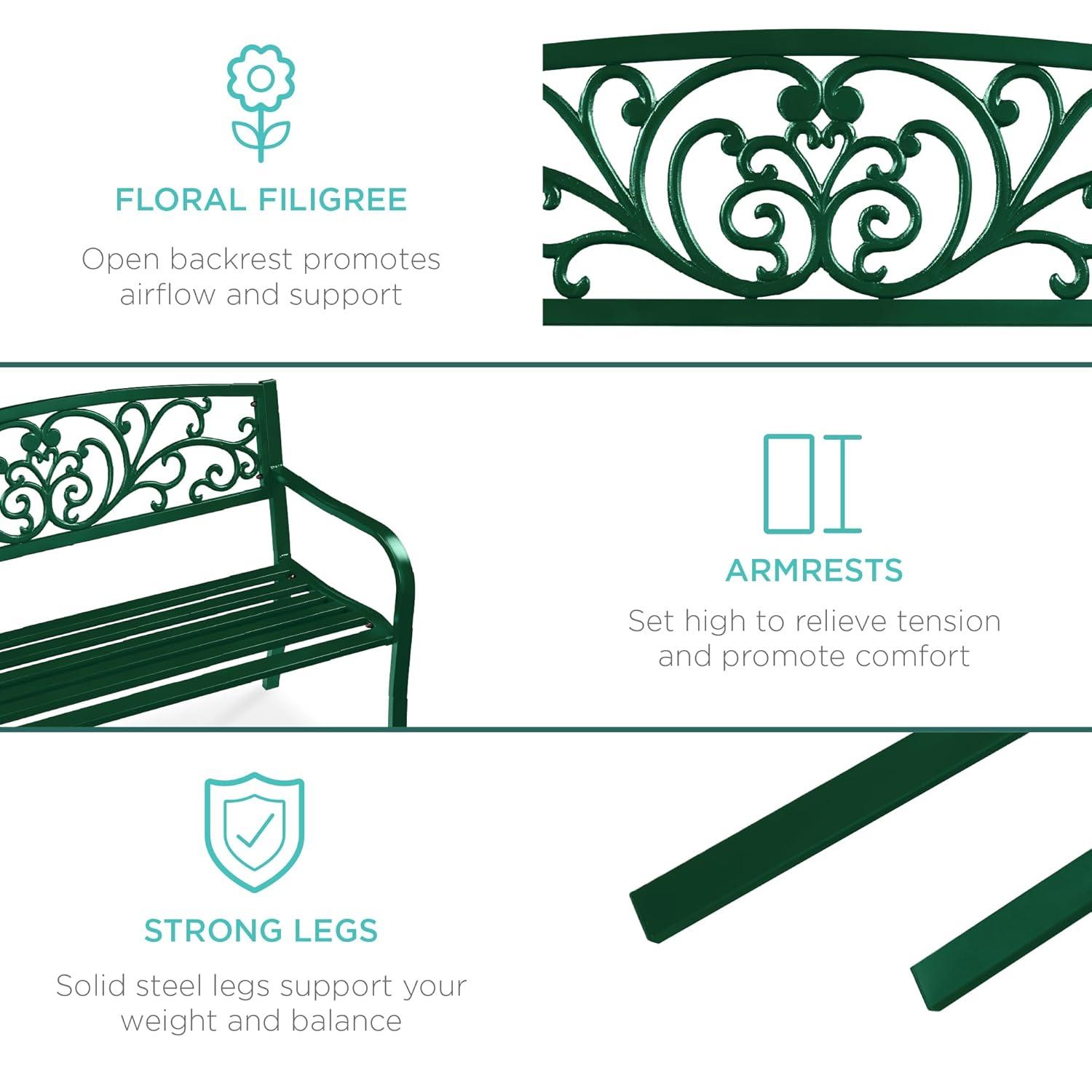 World Menagerie Outdoor Steel Bench with Floral Backrest & Slatted Seat, Marigold for Garden, Patio, Porch, Lawn, and Deck