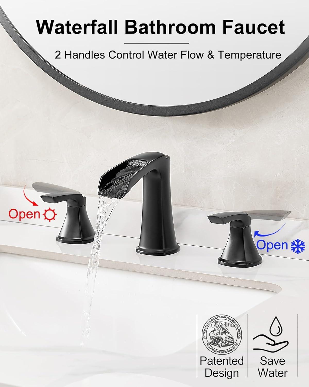 Bathroom Faucet 3 Hole Black, 8 inch Widespread Bathroom Faucet Waterfall Face Basin Faucet for Bathroom Sink, Matte Black (A.Matte Black)