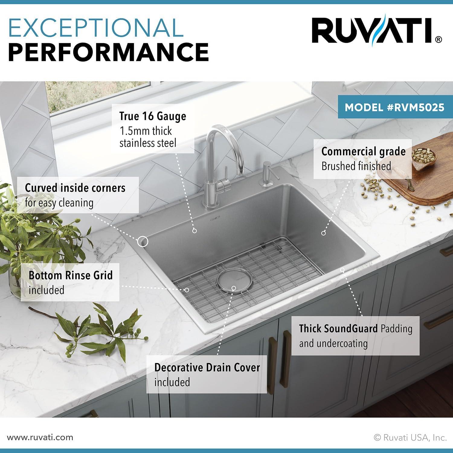 Ruvati 25 x 22 inch Drop-in Topmount Kitchen Sink 16 Gauge Stainless Steel Single Bowl