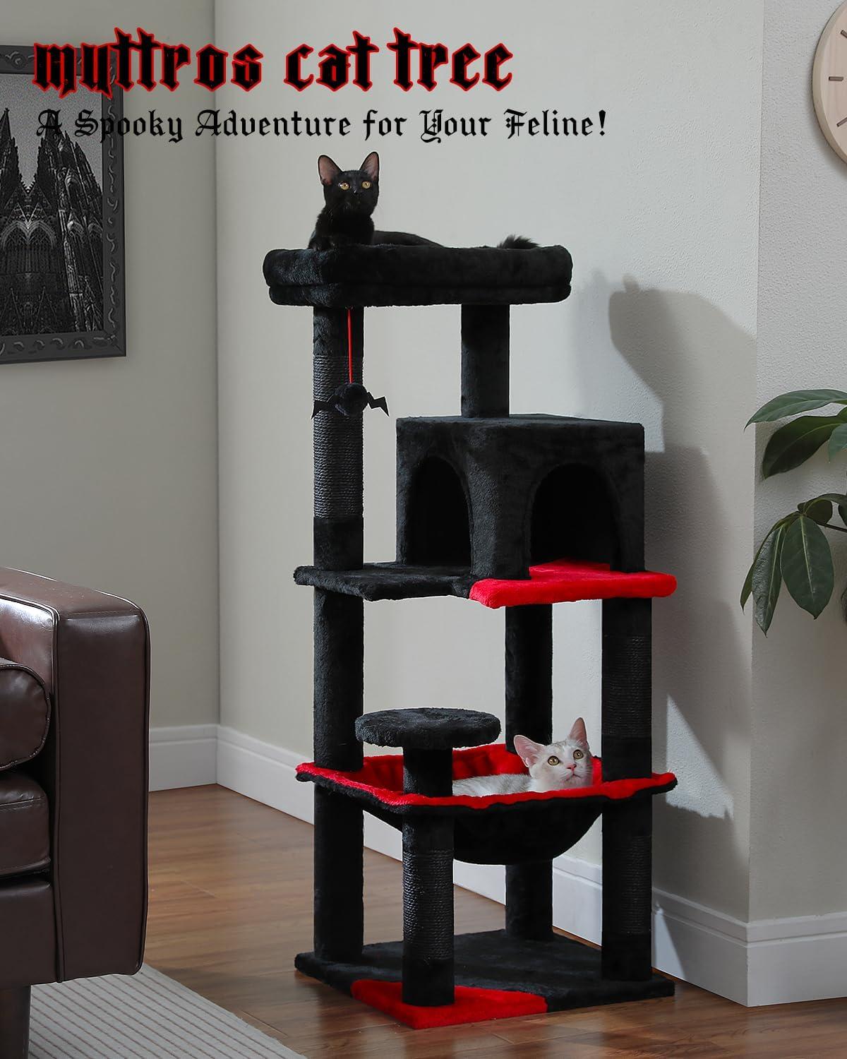 Gothic Cat Tree With Super Large Hammock, 45.7"  Cat Tower With Coffin Bed, Cat Condo, Sisal Scratching Posts & Top Perch, Multi-Level Goth Cat Tree, Halloween